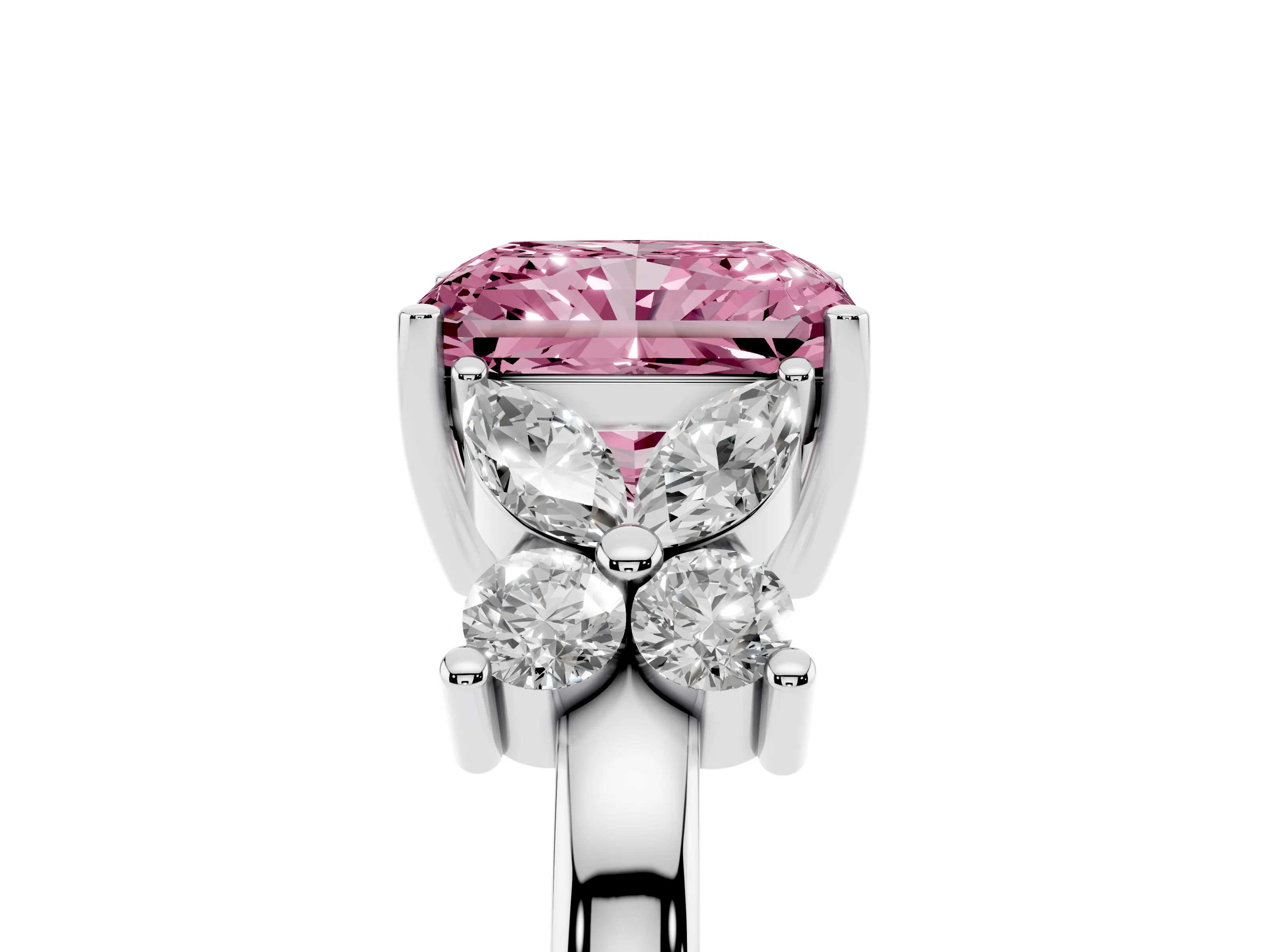 Fancy Pink Radiant Cut Diamond Floral Cluster Ring Set in Platinum with Marquise Petals and Prong Setting