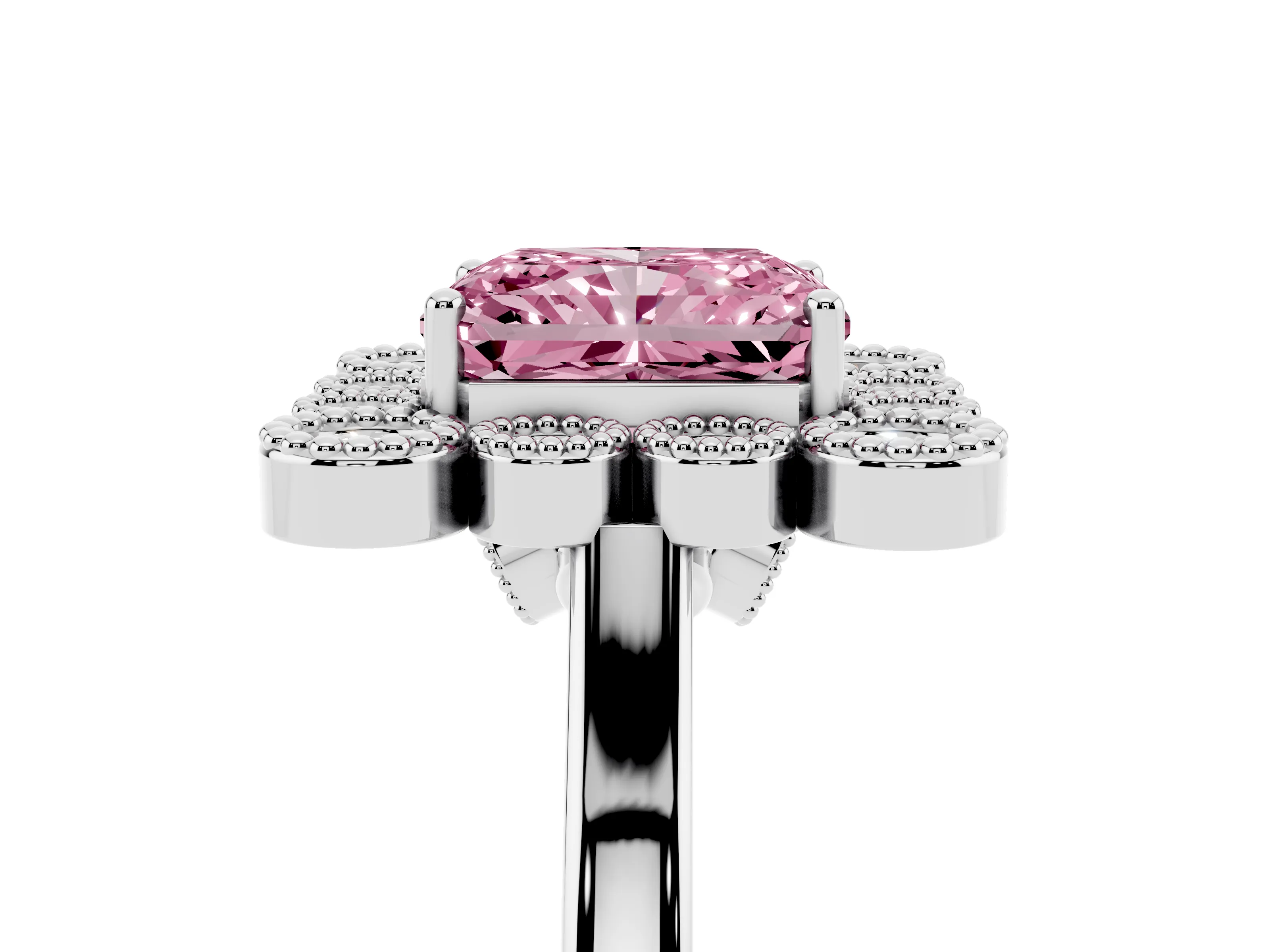Fancy Pink Radiant Cut Diamond Cluster Halo Ring Set in White gold with Milgrain Bezel Accents and Plain Band