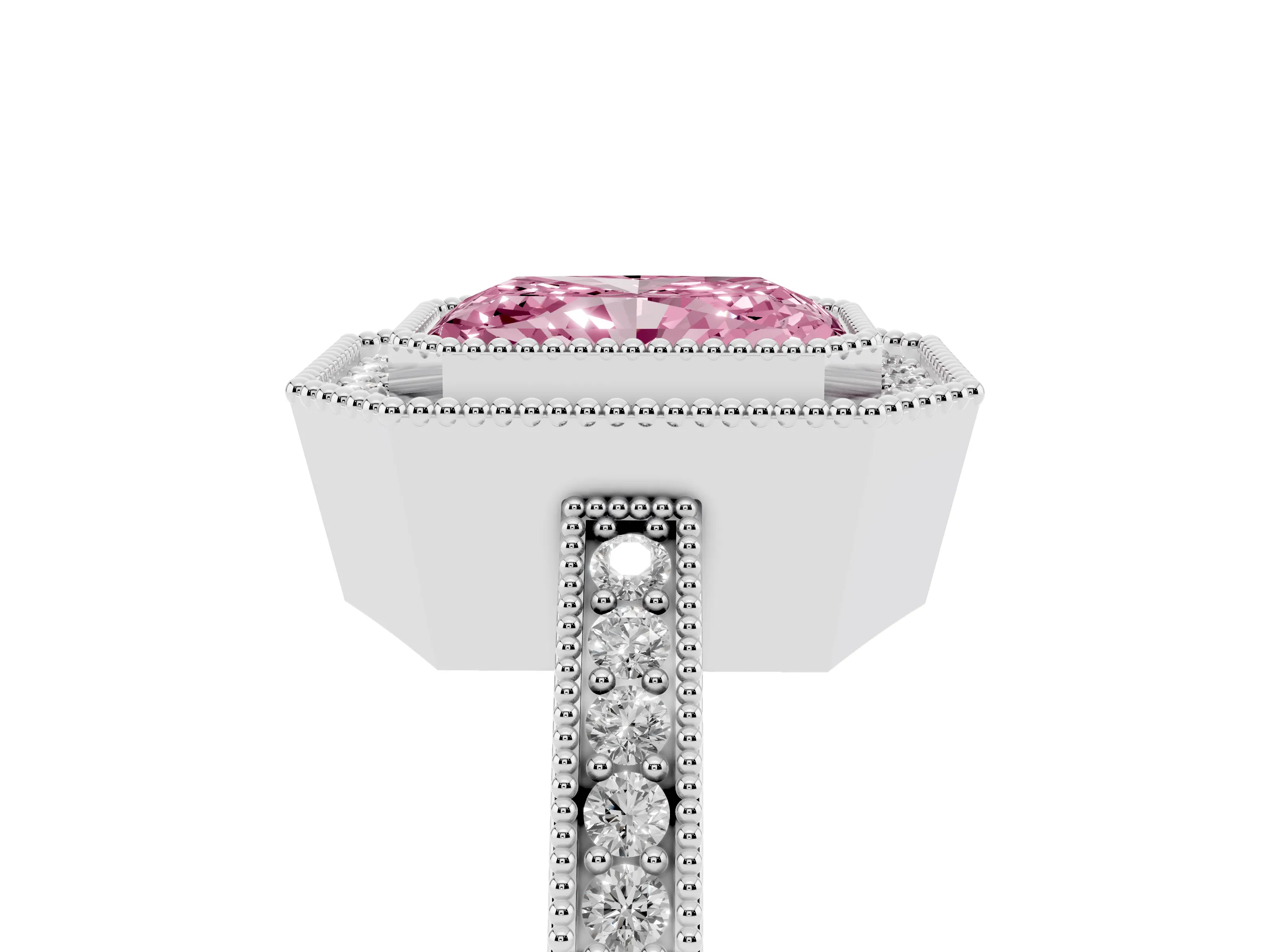 Fancy Pink Radiant Cut Diamond Round Halo Ring Set in White gold with Pavé Band