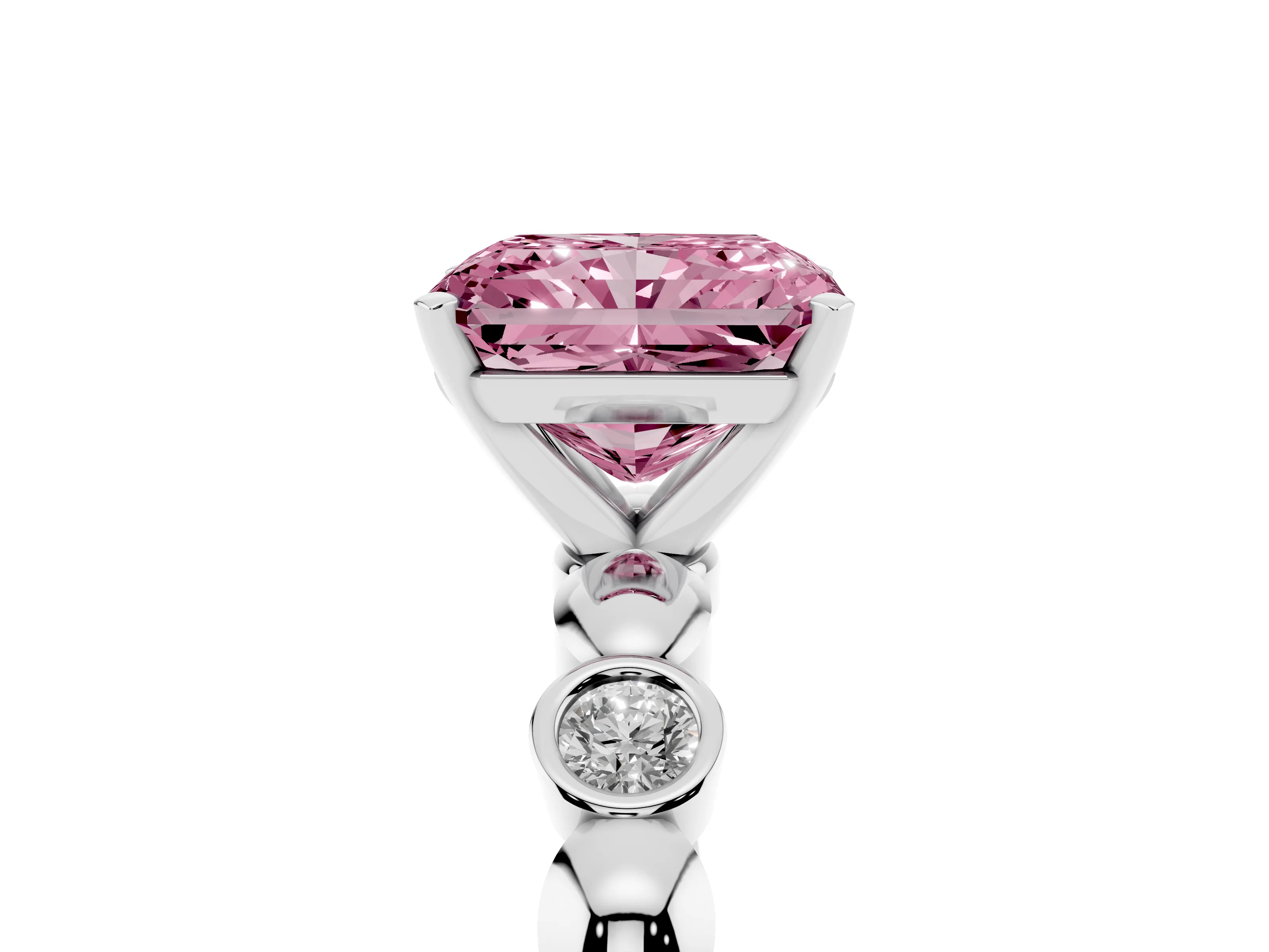 Fancy Pink Radiant Cut Diamond Solitaire Ring Set in Silver with Bezel-Set Accents on Beaded Band and Prong Setting