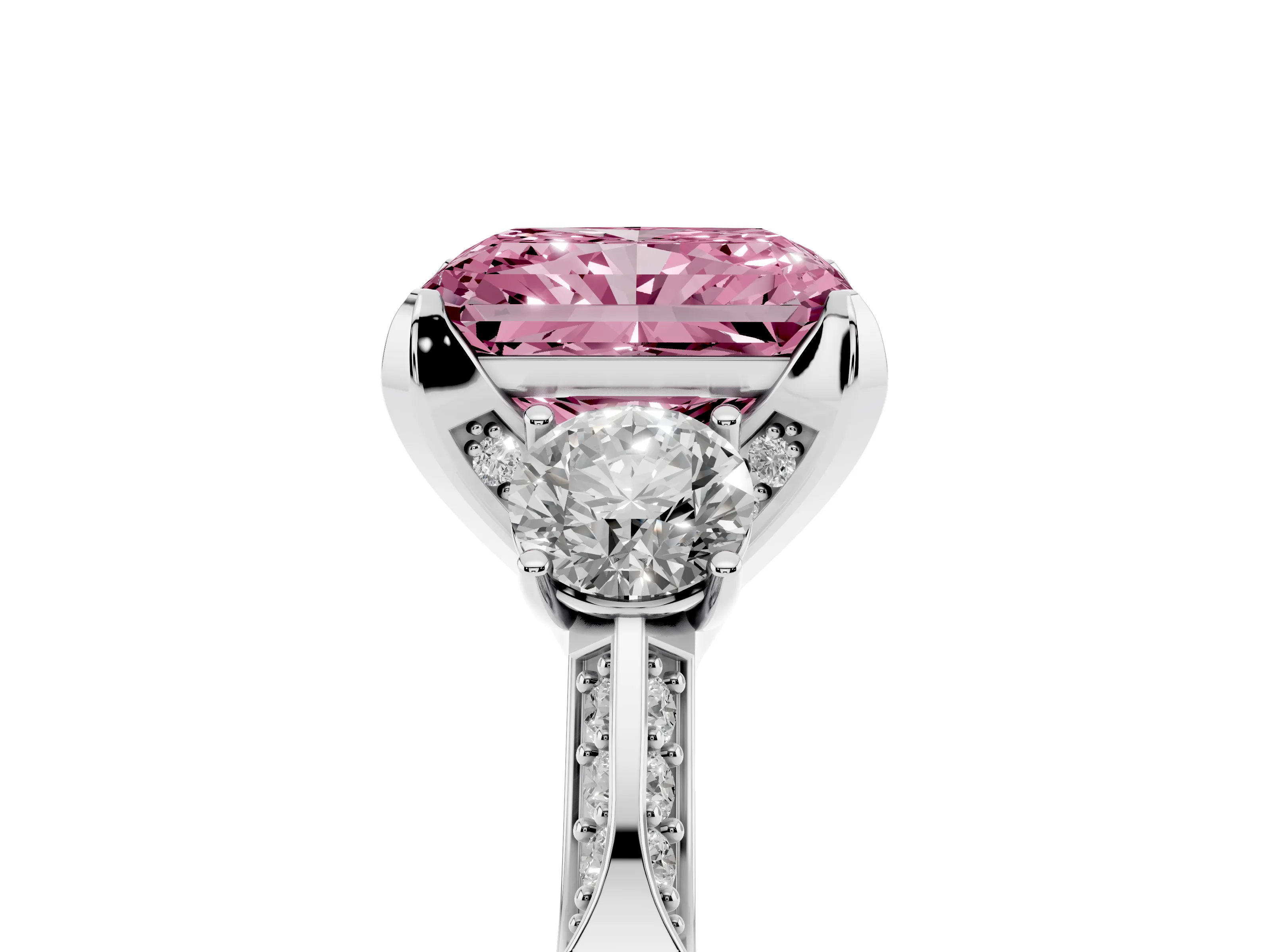 Fancy Pink Radiant Cut Diamond Three-Stone Ring Set in White gold with Pavé Band and Smaller Side Stones