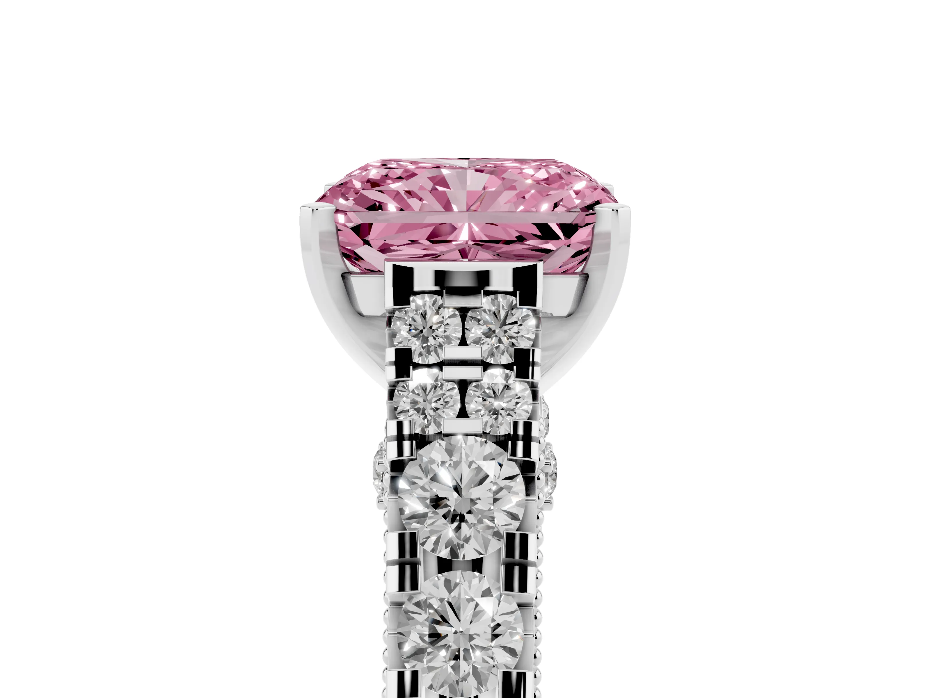 Fancy Pink Radiant Cut Diamond Classic Solitaire Ring Set in White gold with Pavé Band and Prong Setting