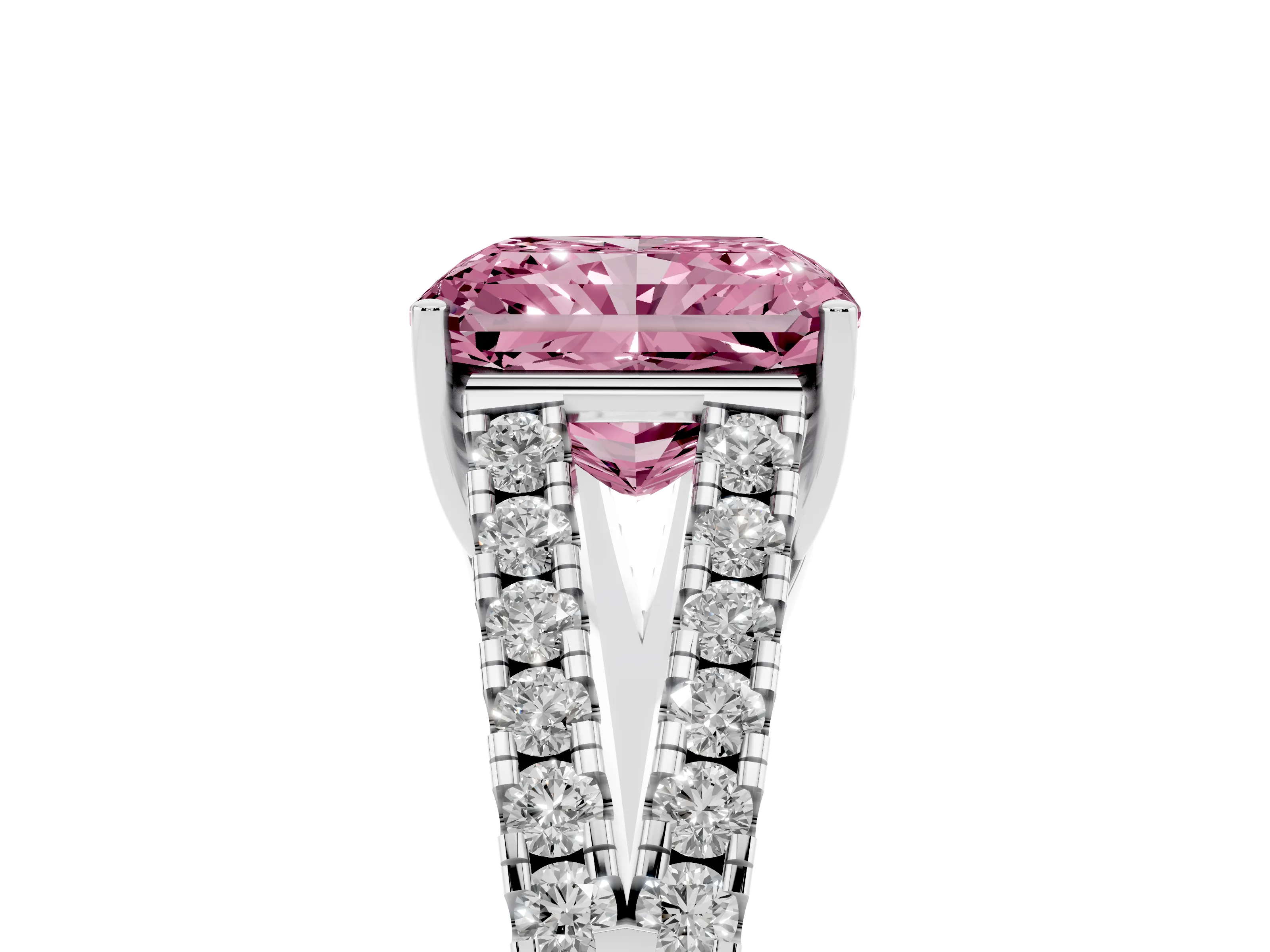 Fancy Pink Radiant Cut Diamond Split Shank Pavé Engagement Ring Set in Platinum with Prong-Held Center Stone