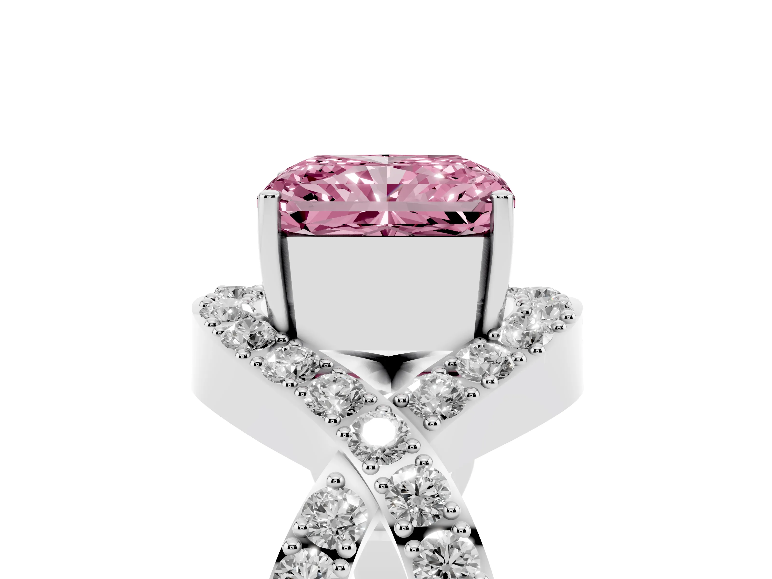 Fancy Pink Radiant Cut Diamond Solitaire Twist Band Pavé Engagement Ring Set in White gold