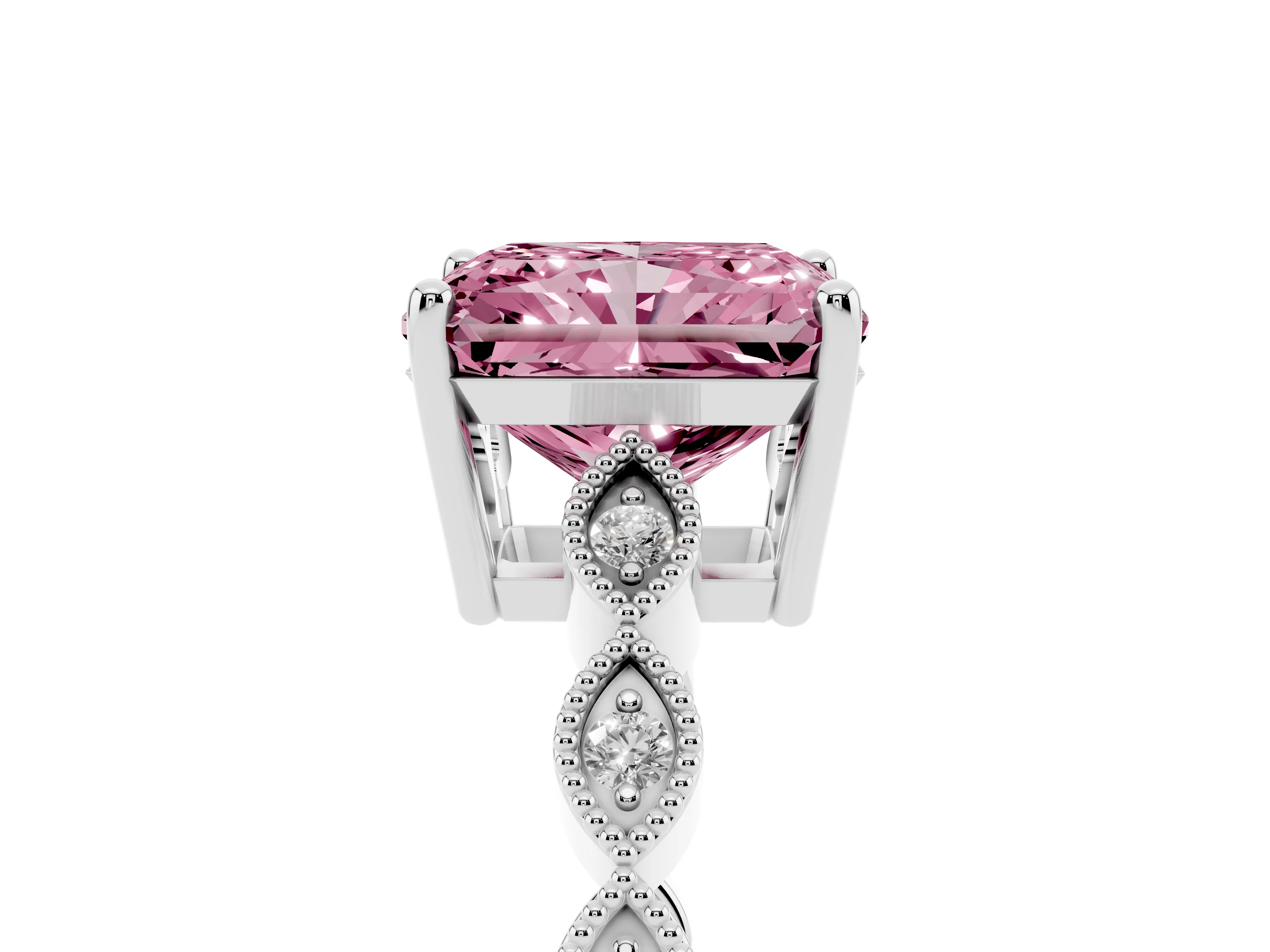 Fancy Pink Radiant Cut Diamond Solitaire Ring Set in Platinum with Infinity Twist Pavé Band