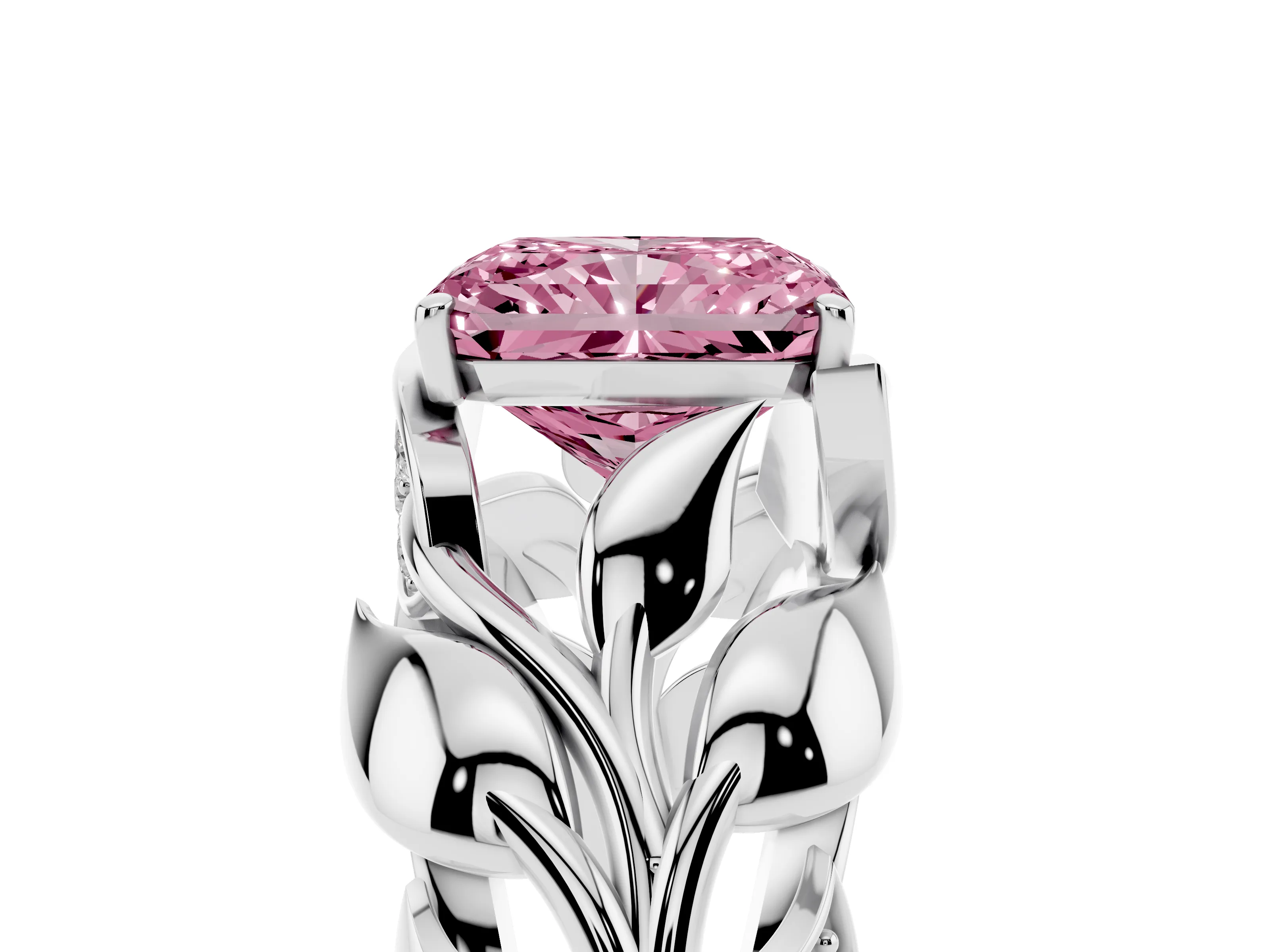 Fancy Pink Radiant Cut Diamond Leaf-Inspired Engagement Ring Set in Silver with Round Accents