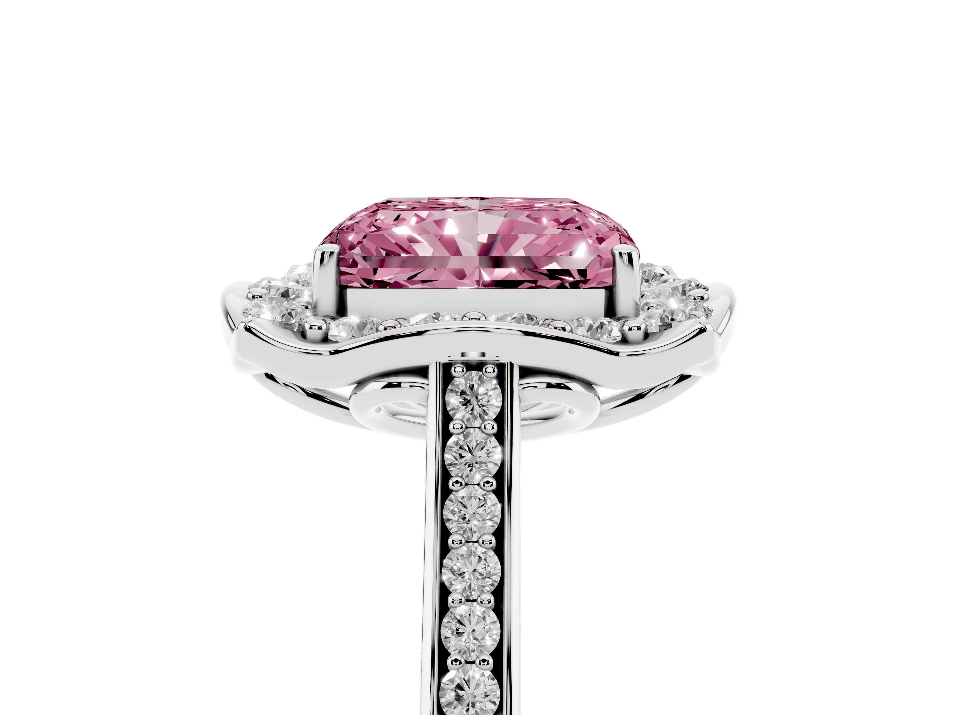 Fancy Pink Radiant Cut Diamond Halo Ring Set in Platinum with Pavé-Lined Shoulders and Prong Setting