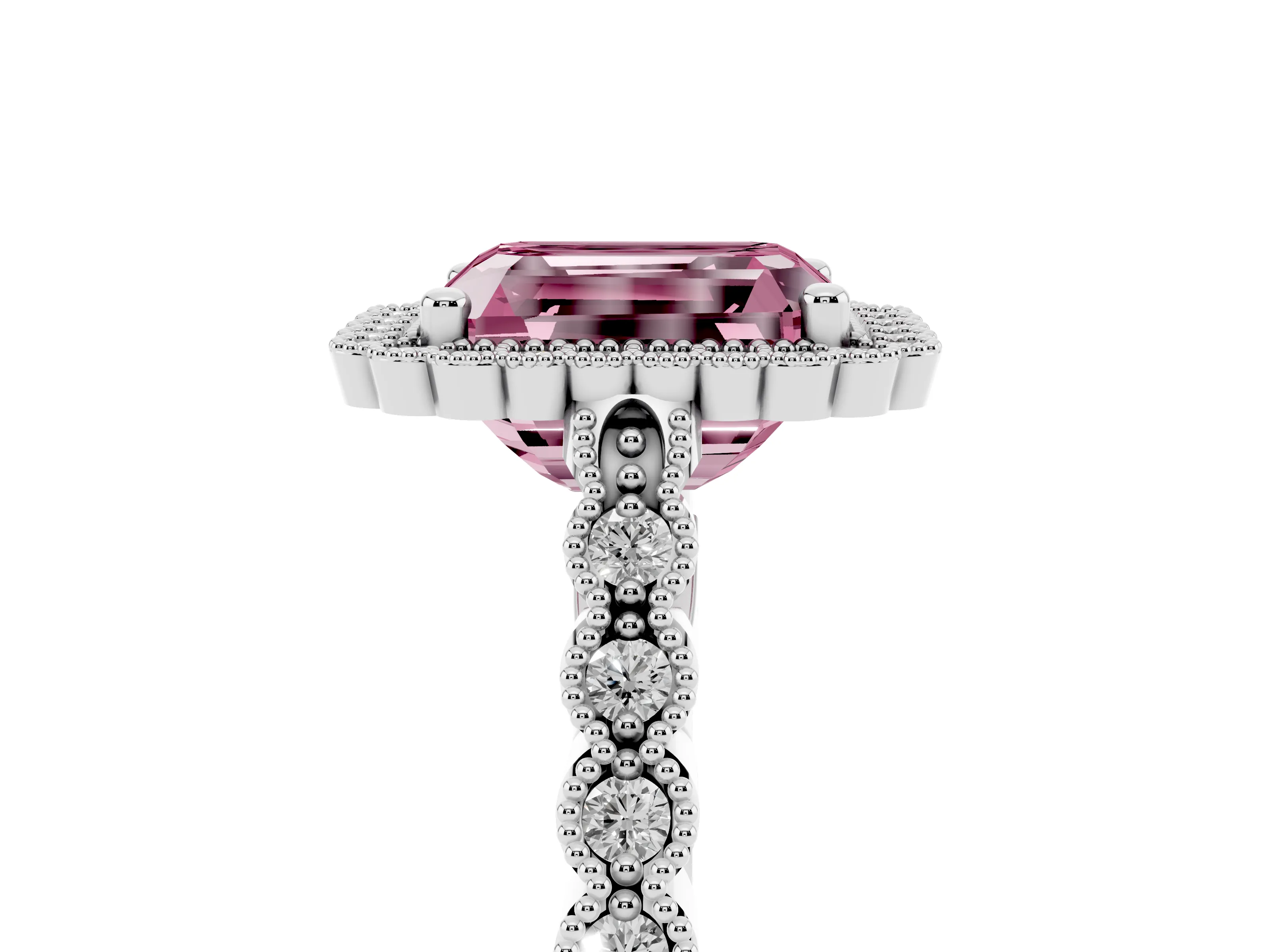 Fancy Pink Radiant Cut Diamond Halo Ring Set in Silver with Pavé Milgrain Band