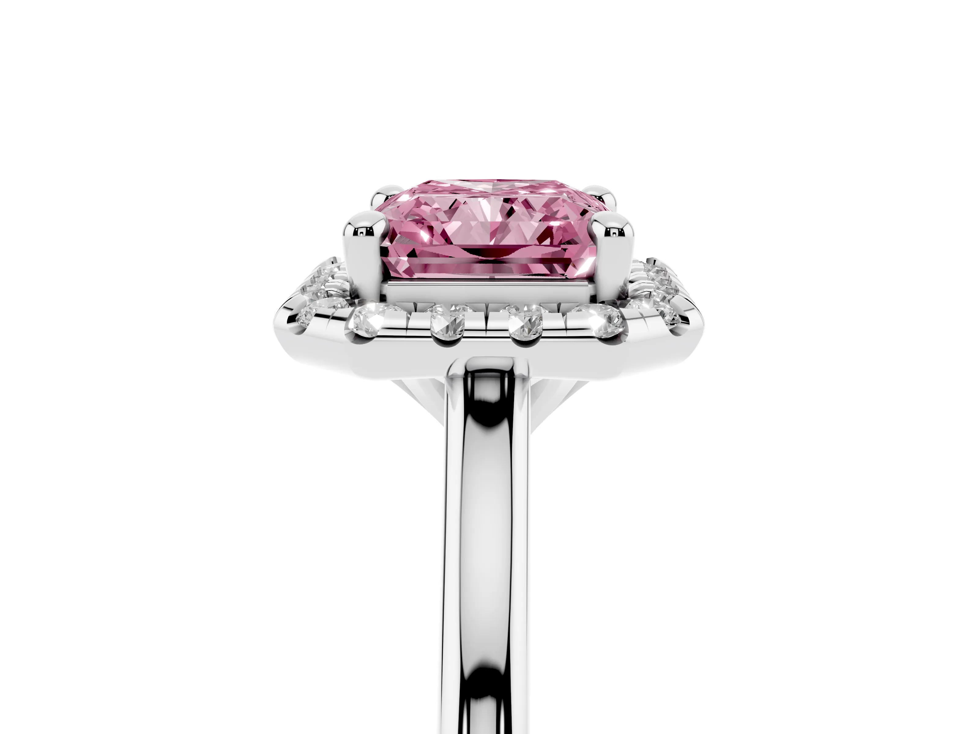 Fancy Pink Radiant Cut Diamond Halo Engagement Ring Set in White gold with Pavé Band and Rising Shoulders
