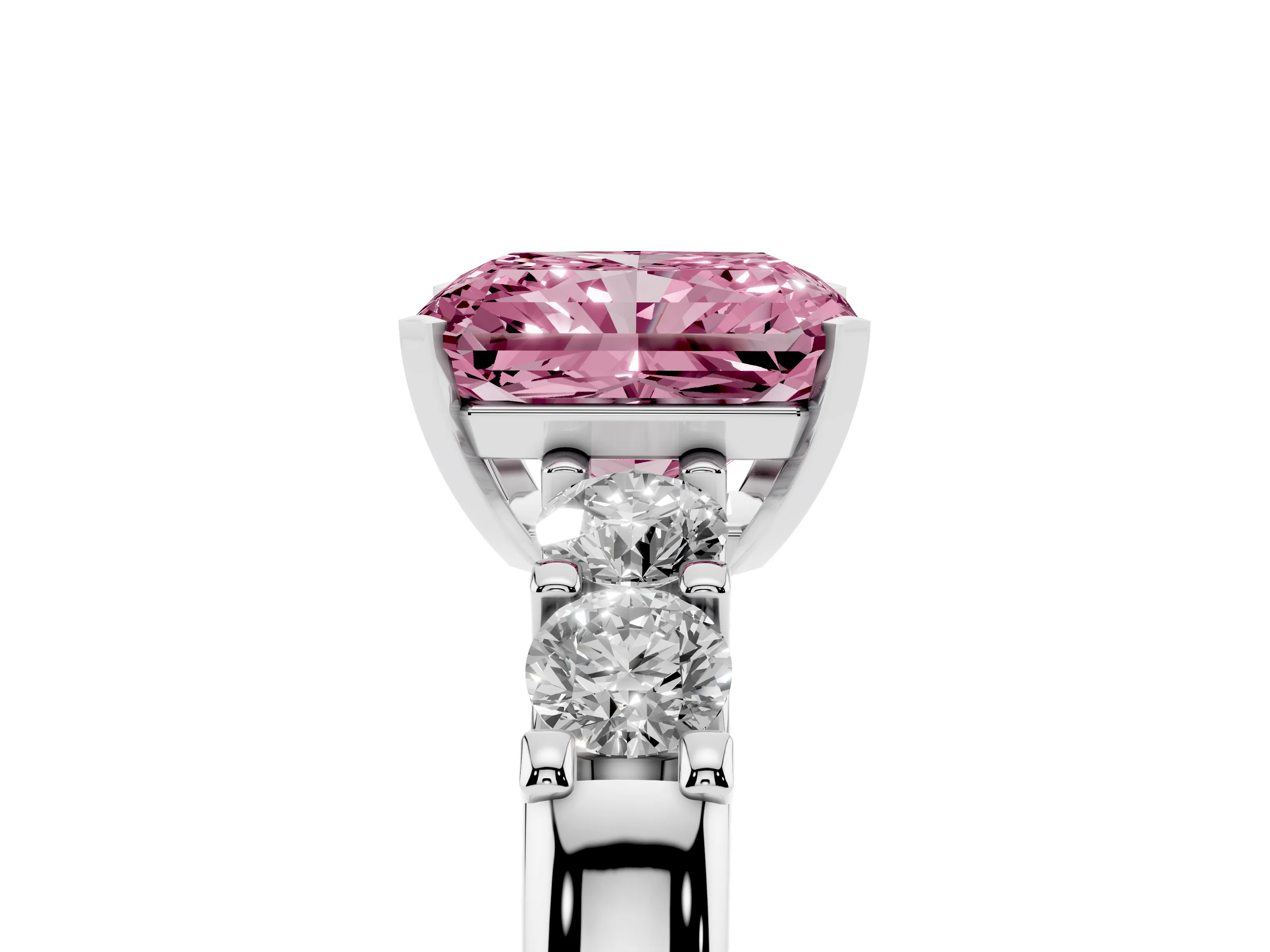 Fancy Pink Radiant Cut Diamond Five-Stone Prong Set Engagement Ring Set in Silver with Channel Band