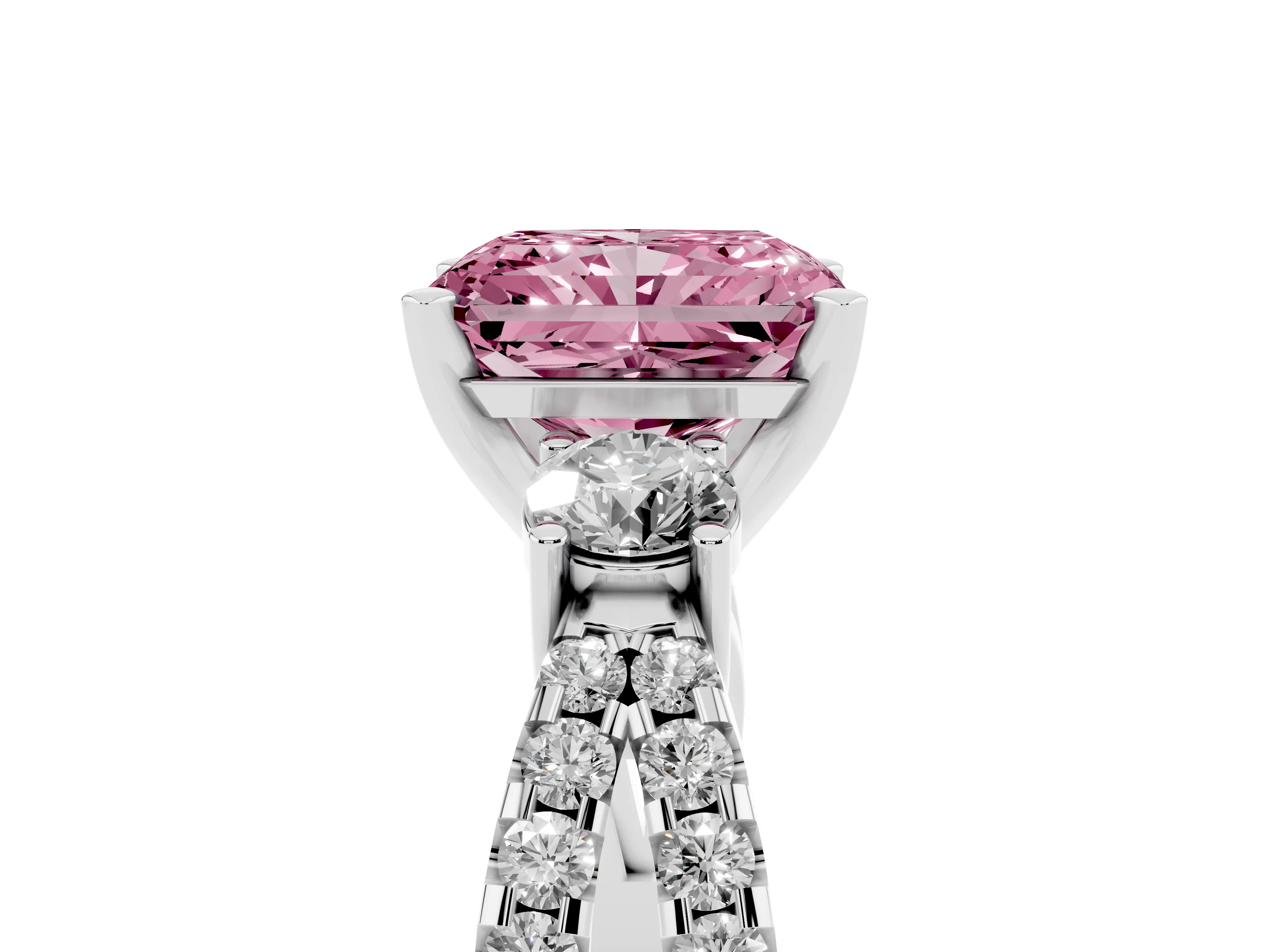 Fancy Pink Radiant Cut Diamond Three-Stone Ring Set in Platinum with Pavé Split Shank and Prong Setting