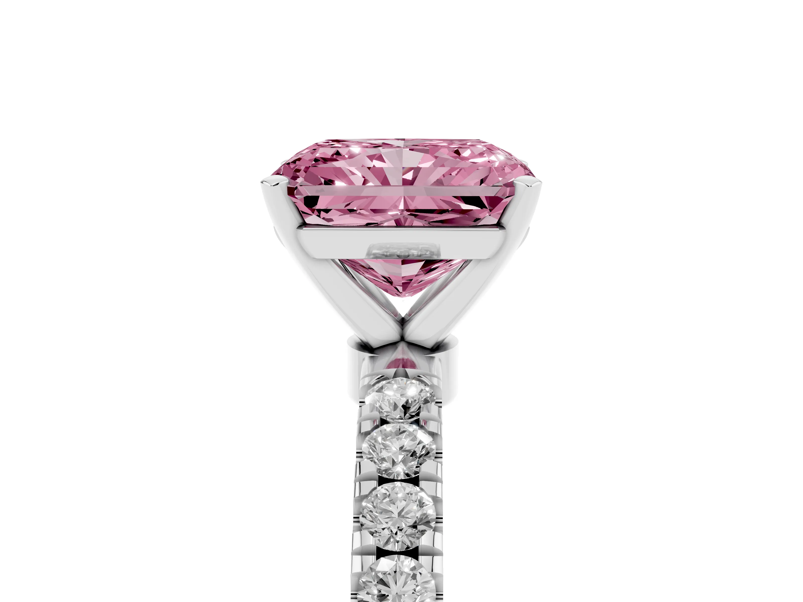 Fancy Pink Radiant Cut Diamond Solitaire Ring Set in Silver with Pavé Accents and Prong Setting