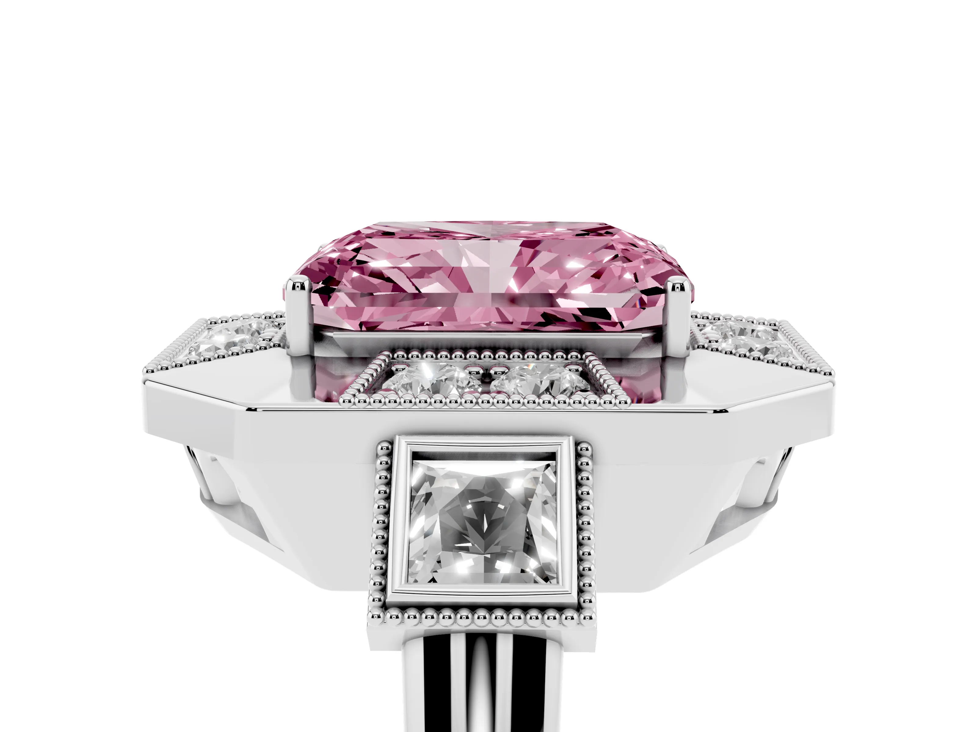 Fancy Pink Radiant Cut Diamond Milgrain Halo Ring Set in Silver with Split Shank