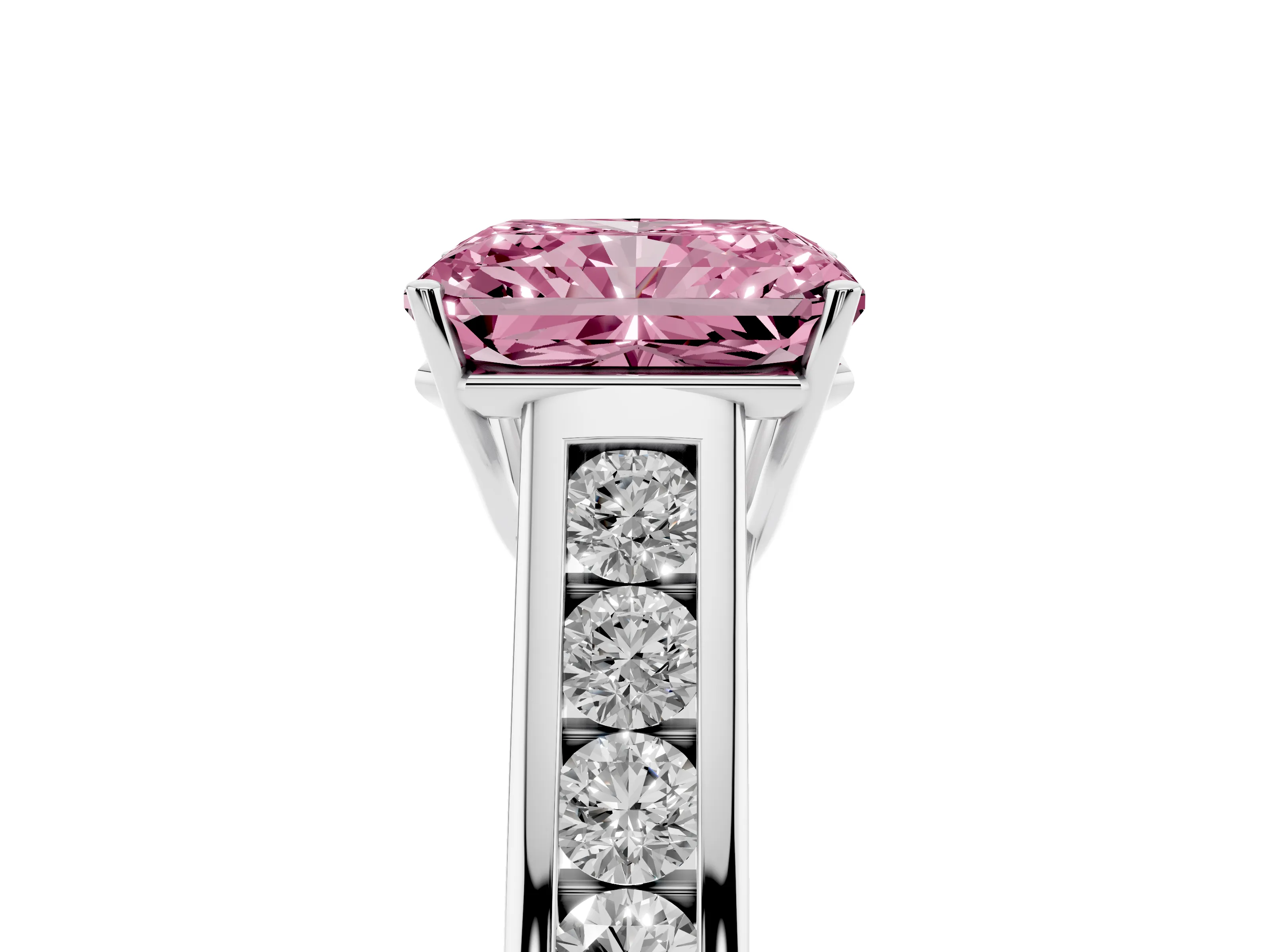 Fancy Pink Radiant Cut Diamond Brilliant Channel-Set Solitaire Ring Set in White gold with Prong Setting