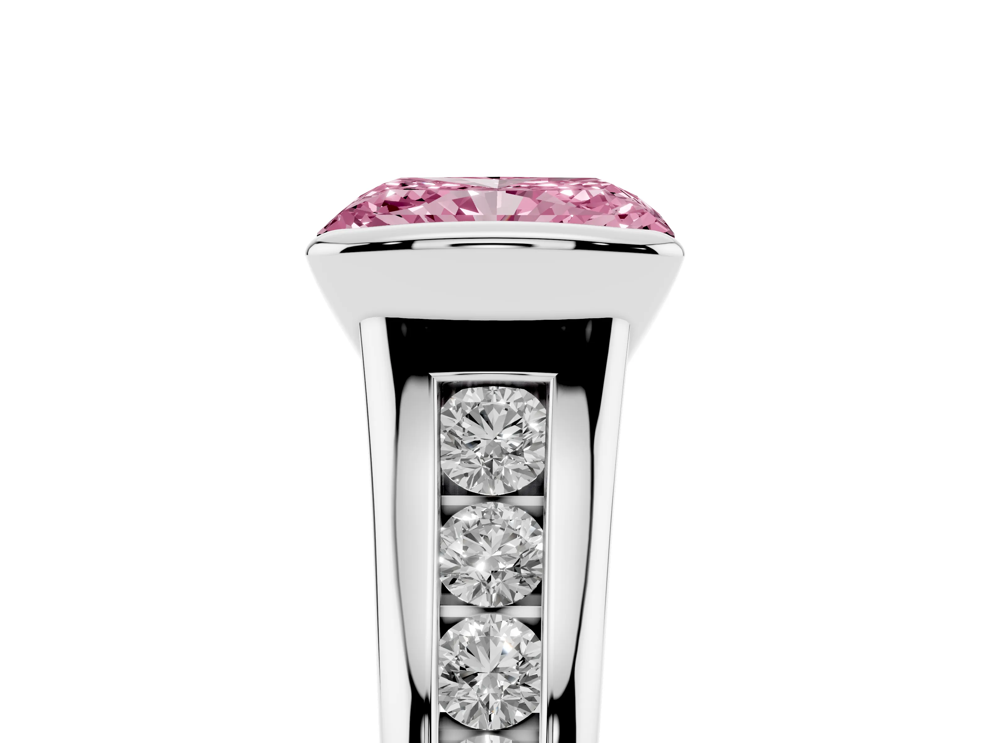Fancy Pink Radiant Cut Diamond Bezel-Set Solitaire Ring Set in White gold with Channel-Set Band