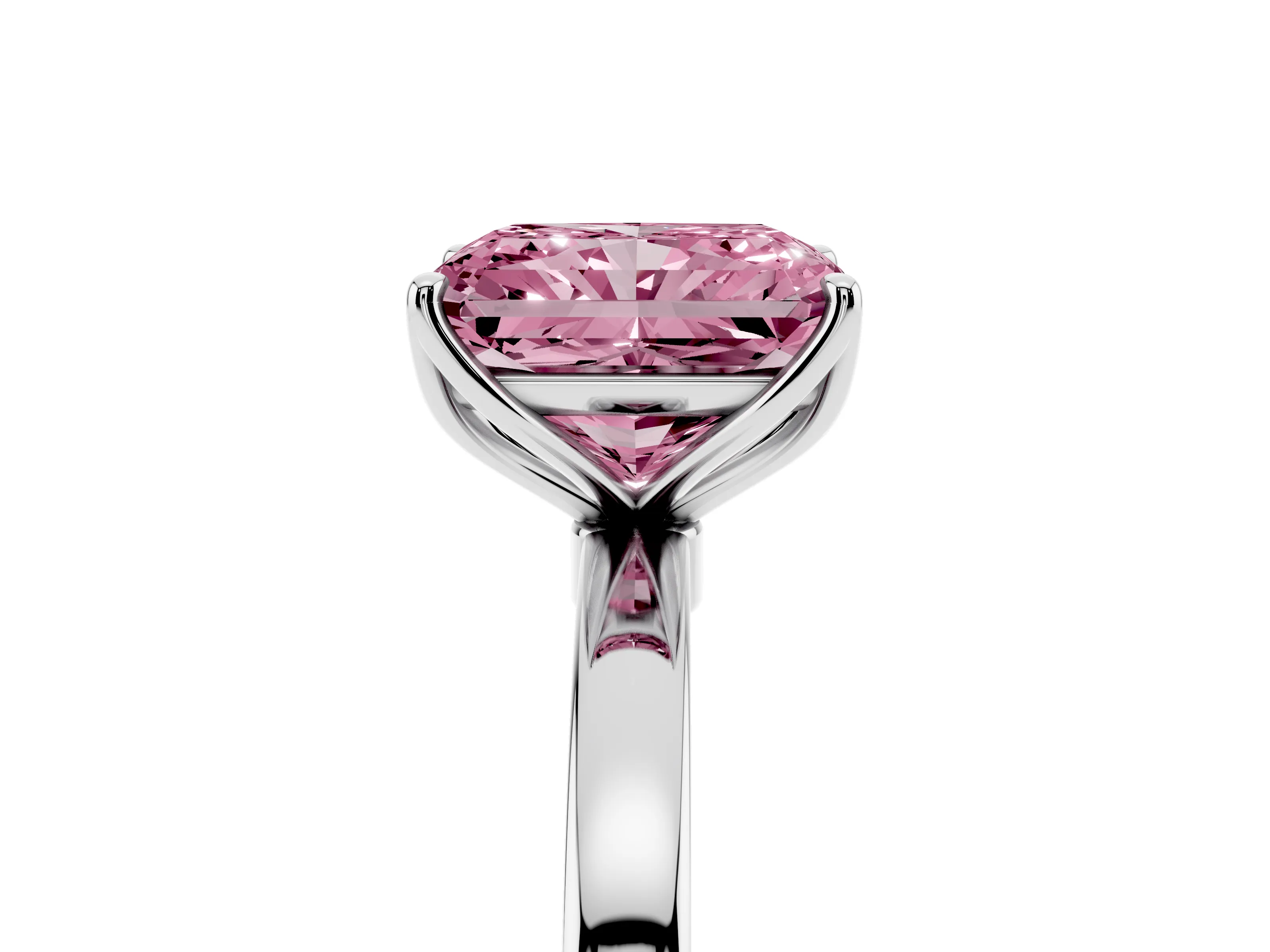 Fancy Pink Radiant Cut Diamond Solitaire Ring Set in White gold with Prong Setting and Thin Polished Band