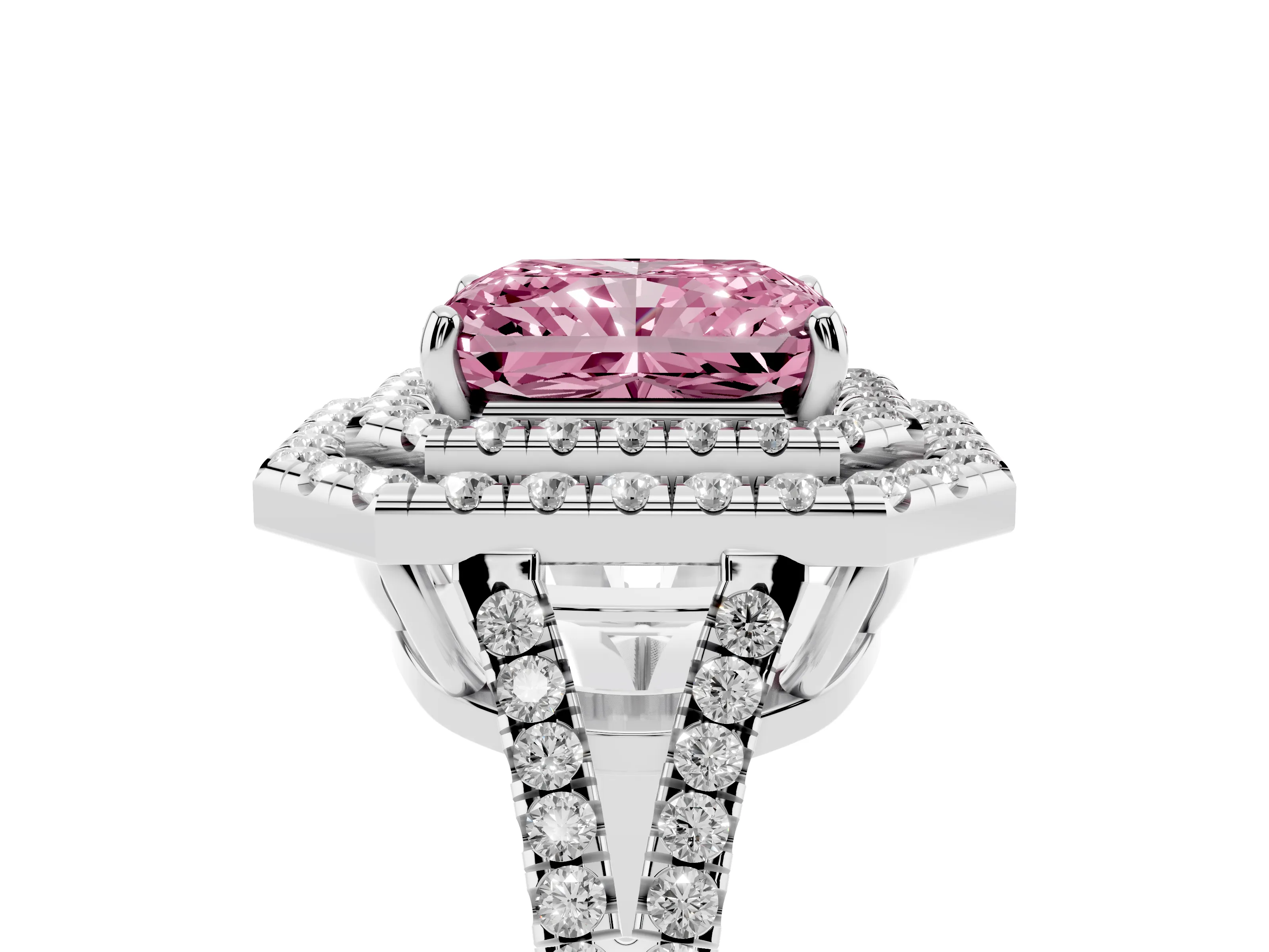 Fancy Pink Radiant Cut Diamond Double Halo Ring Set in White gold with Pavé Band
