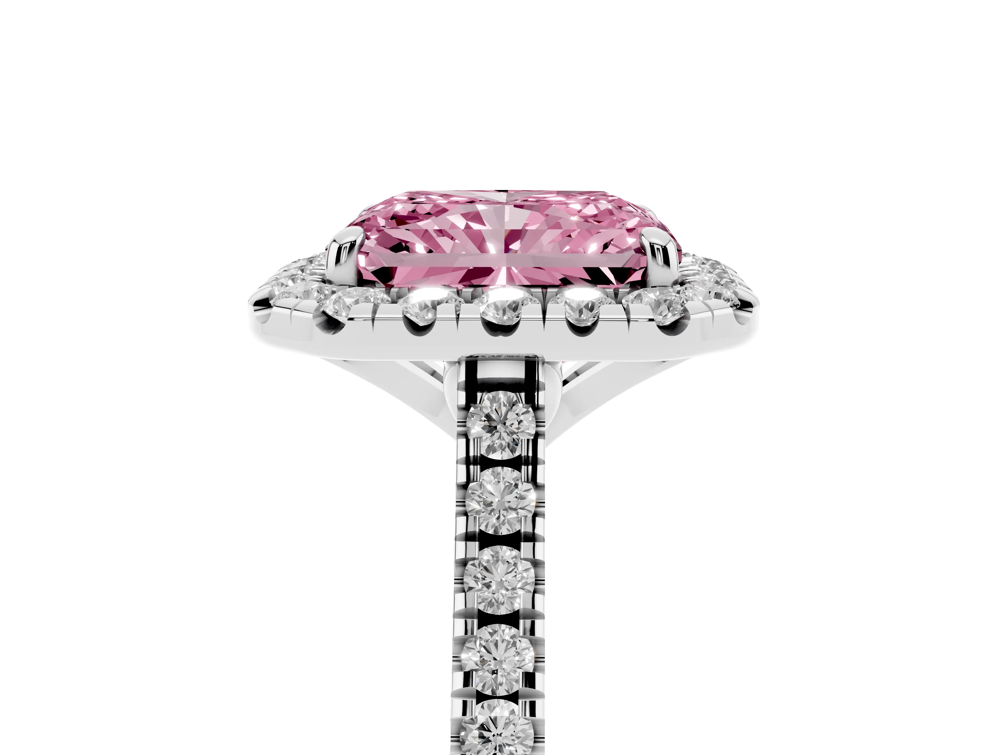 Fancy Pink Radiant Cut Diamond Cushion Halo Ring Set in Silver with Pavé Band