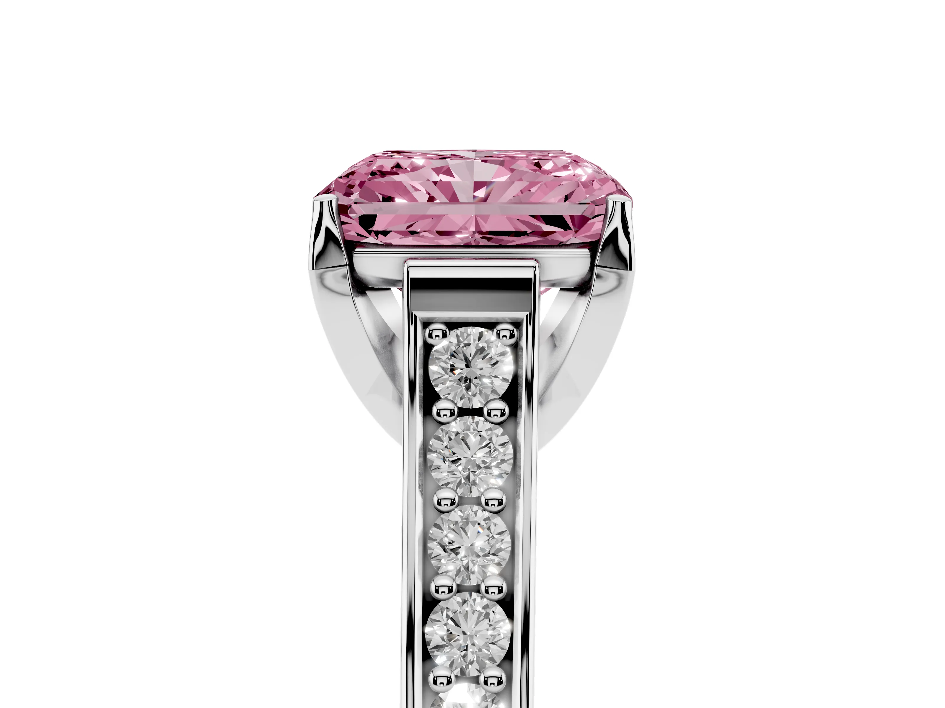 Fancy Pink Radiant Cut Diamond Solitaire Pavé Engagement Ring Set in Platinum with Prong Setting