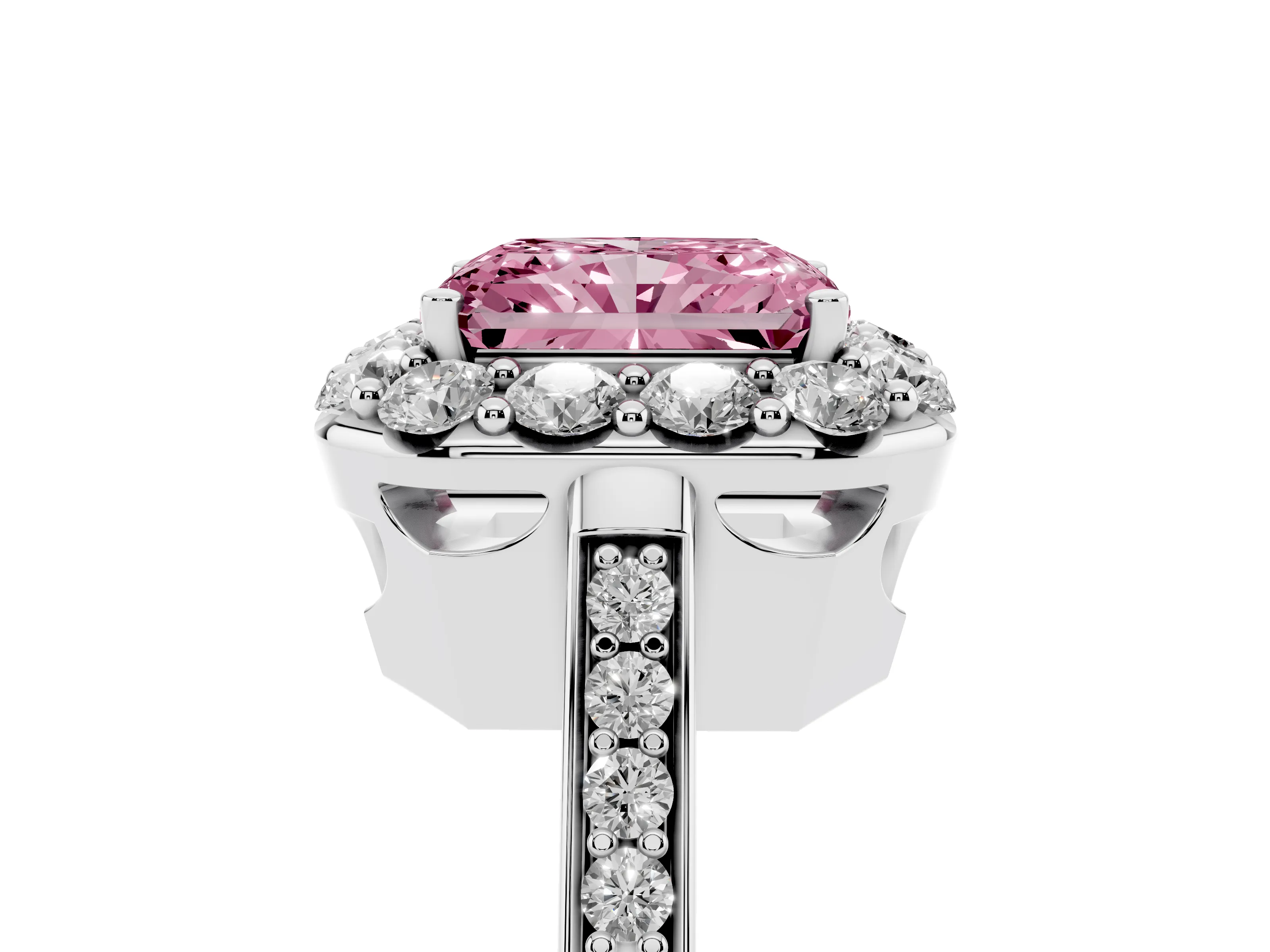 Fancy Pink Radiant Cut Diamond Floral Halo Ring Set in Platinum with Pavé Band and Prong Setting