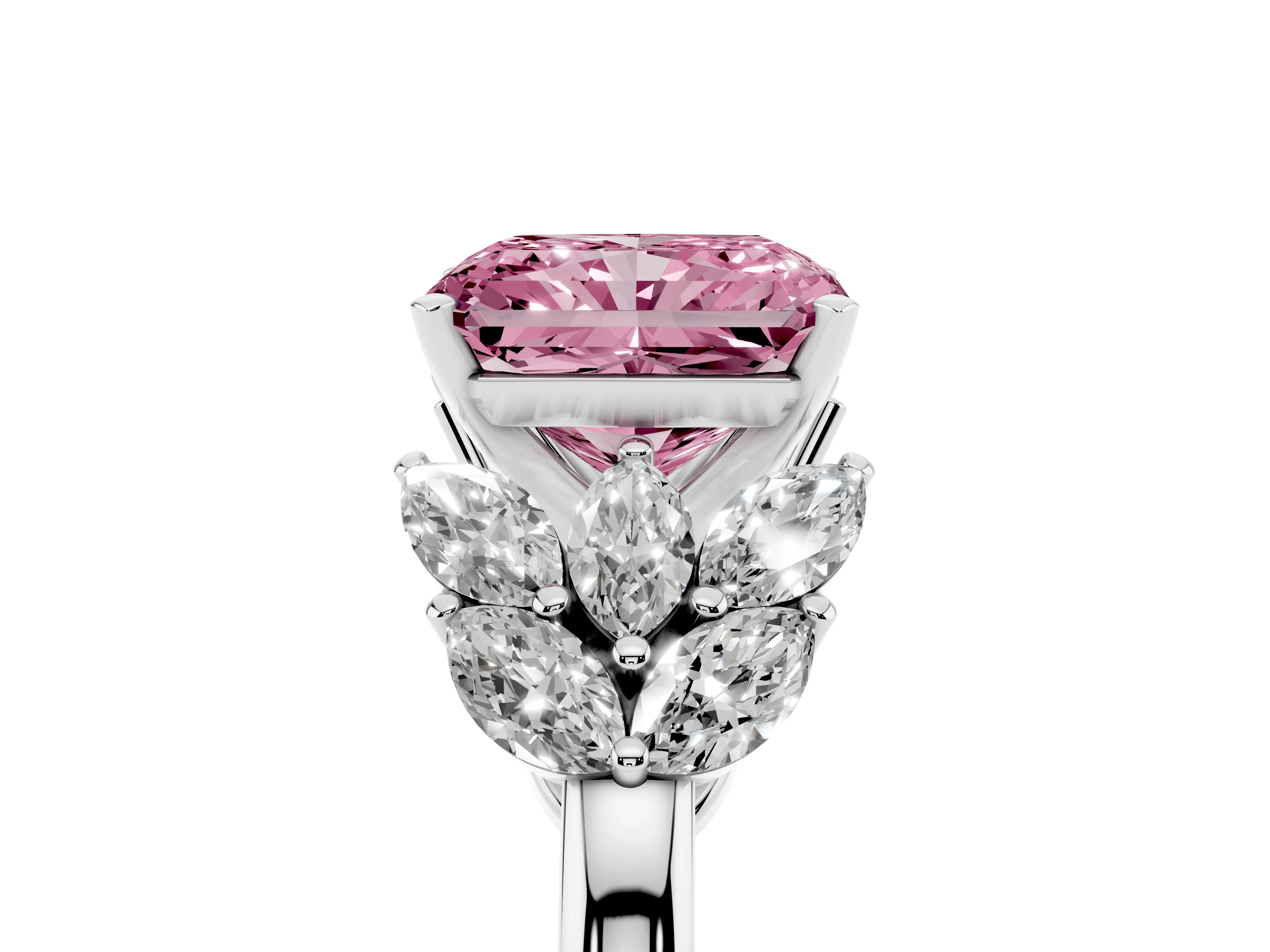 Fancy Pink Radiant Cut Diamond Cluster Leaf Design Ring Set in White gold with Prong Setting