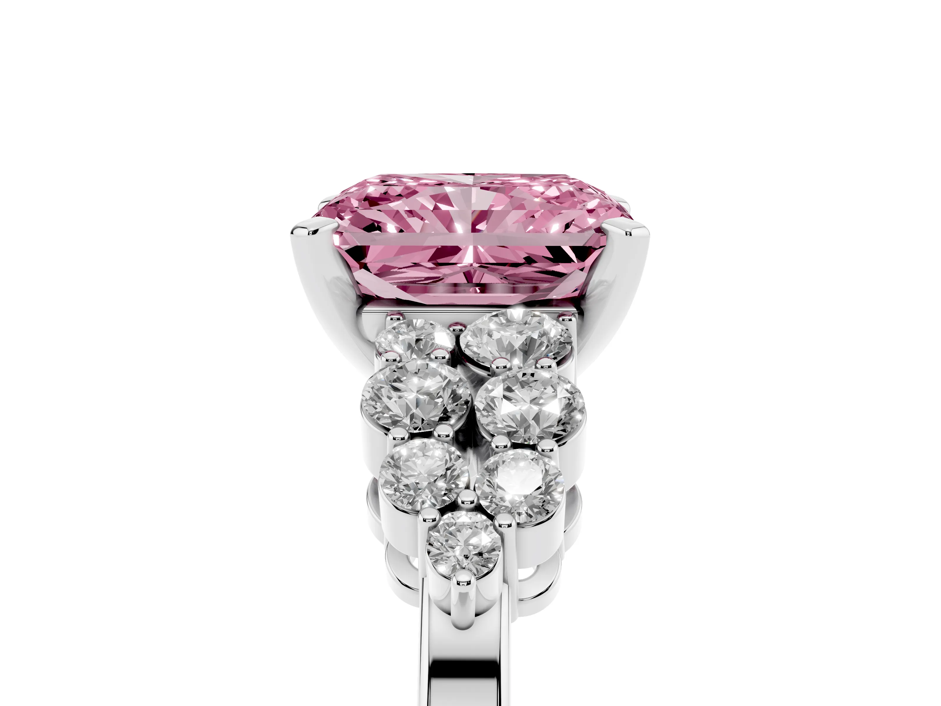 Fancy Pink Radiant Cut Diamond Cluster Engagement Ring Set in White gold with Pavé Band and Prong Setting