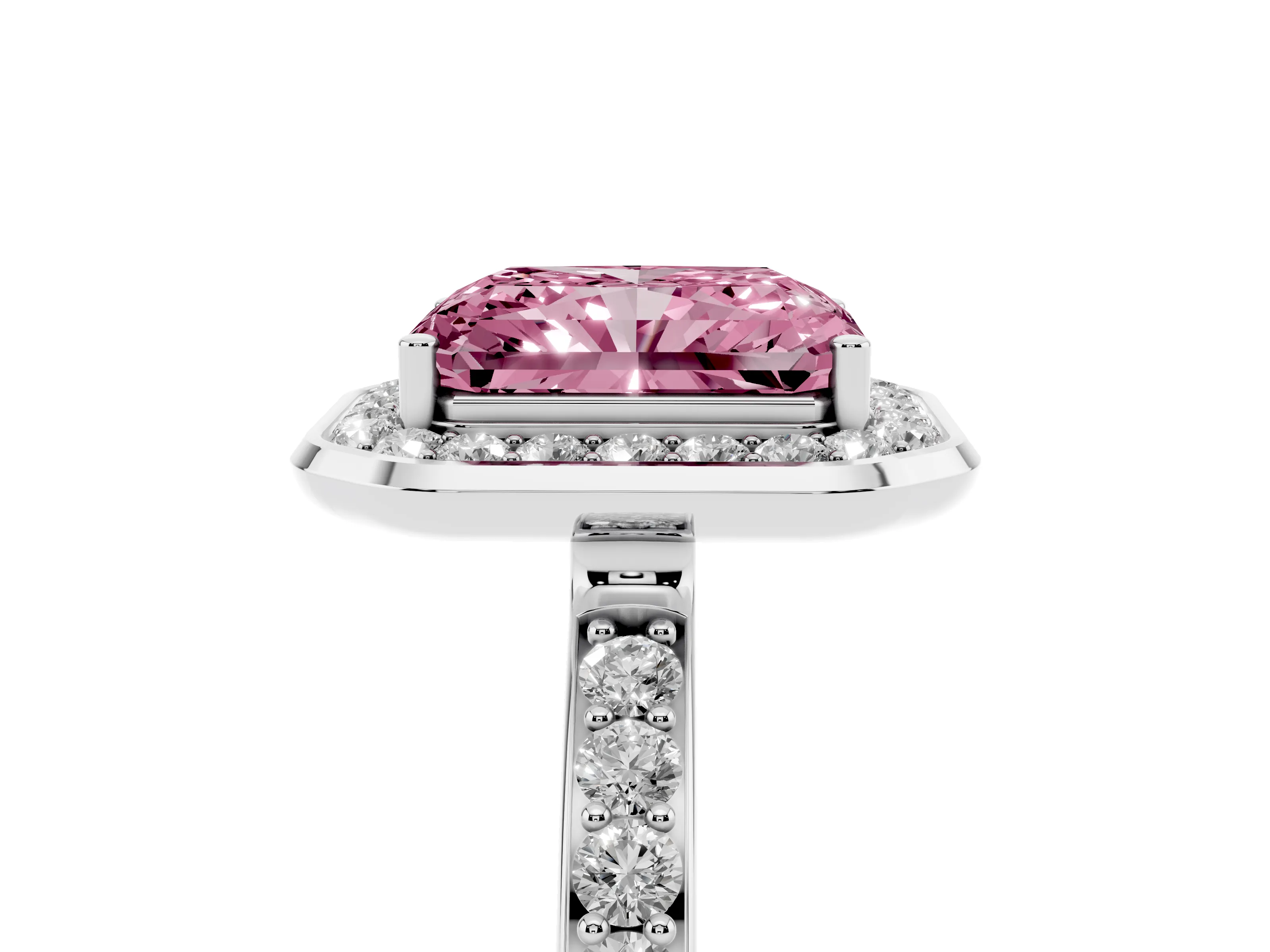 Fancy Pink Radiant Cut Diamond Halo Ring Set in Silver with Bezel Frame and Pavé Band