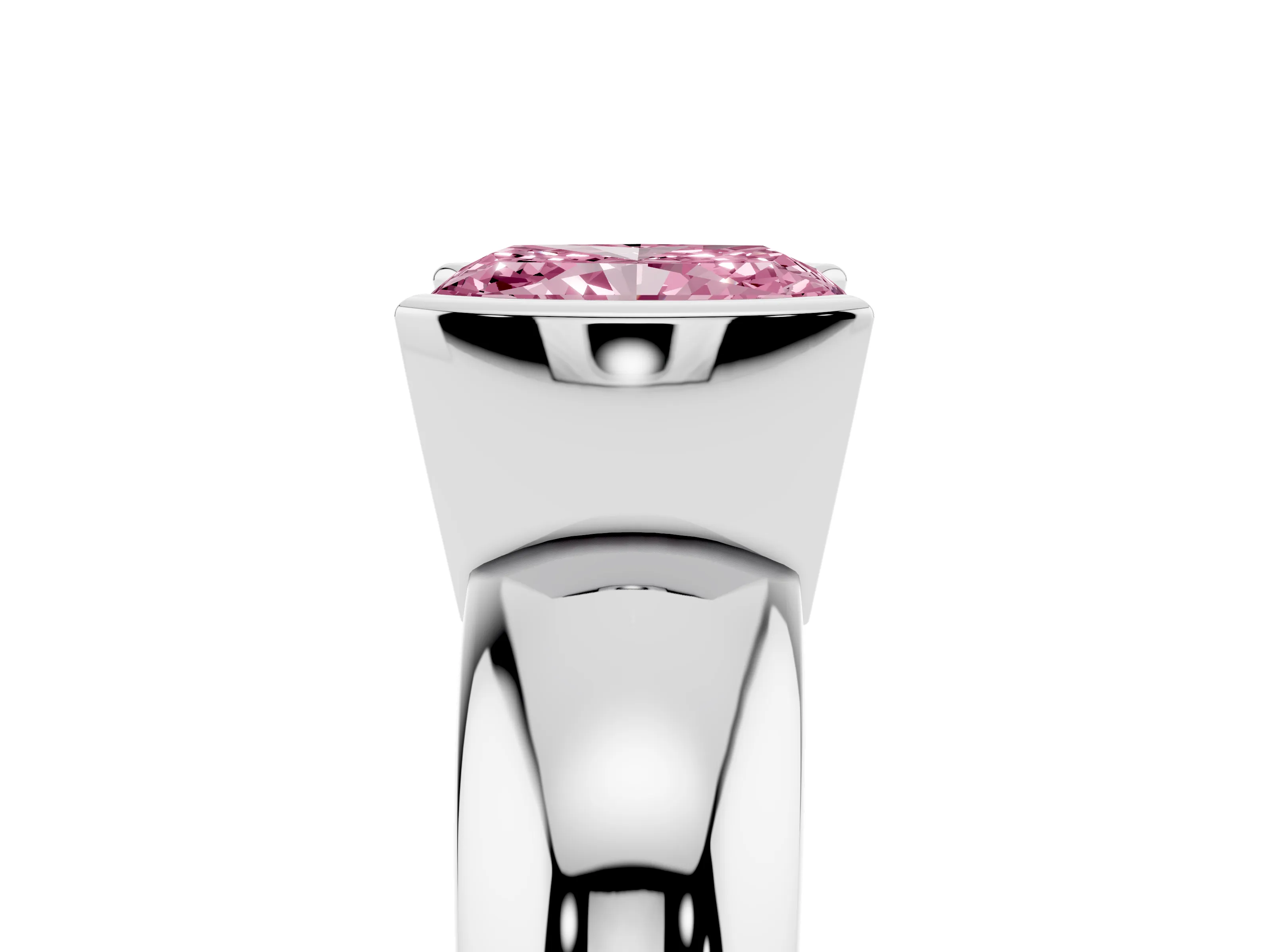Fancy Pink Radiant Cut Diamond Solitaire Tension Set Ring Set in White gold with Wide Band