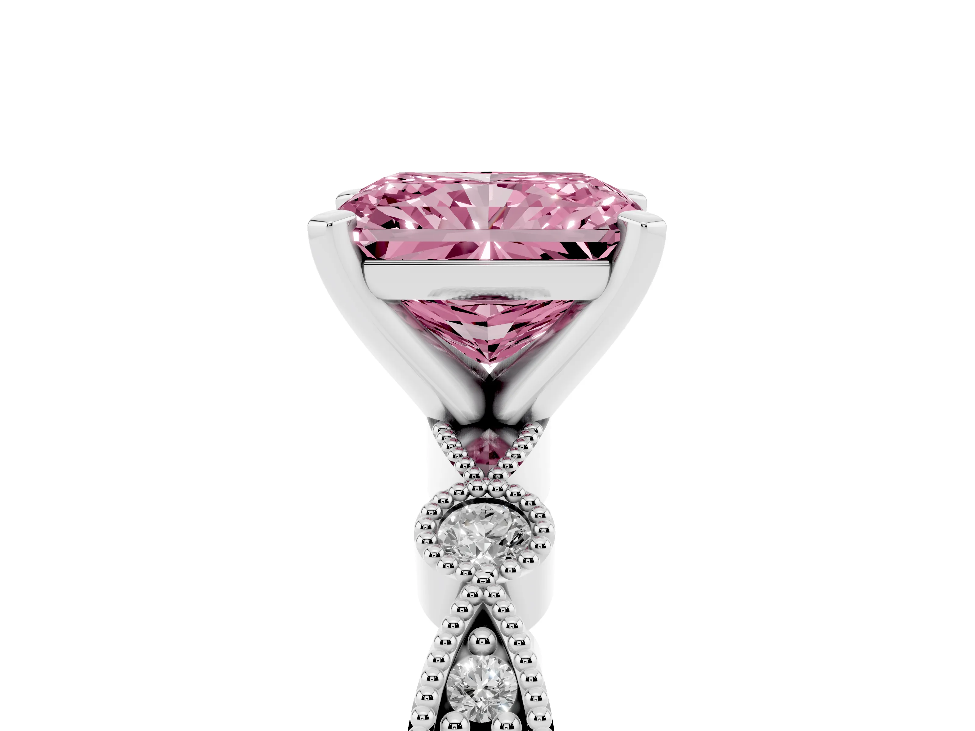 Fancy Pink Radiant Cut Diamond Solitaire Engagement Ring Set in White gold with Milgrain Bezel Accent Band