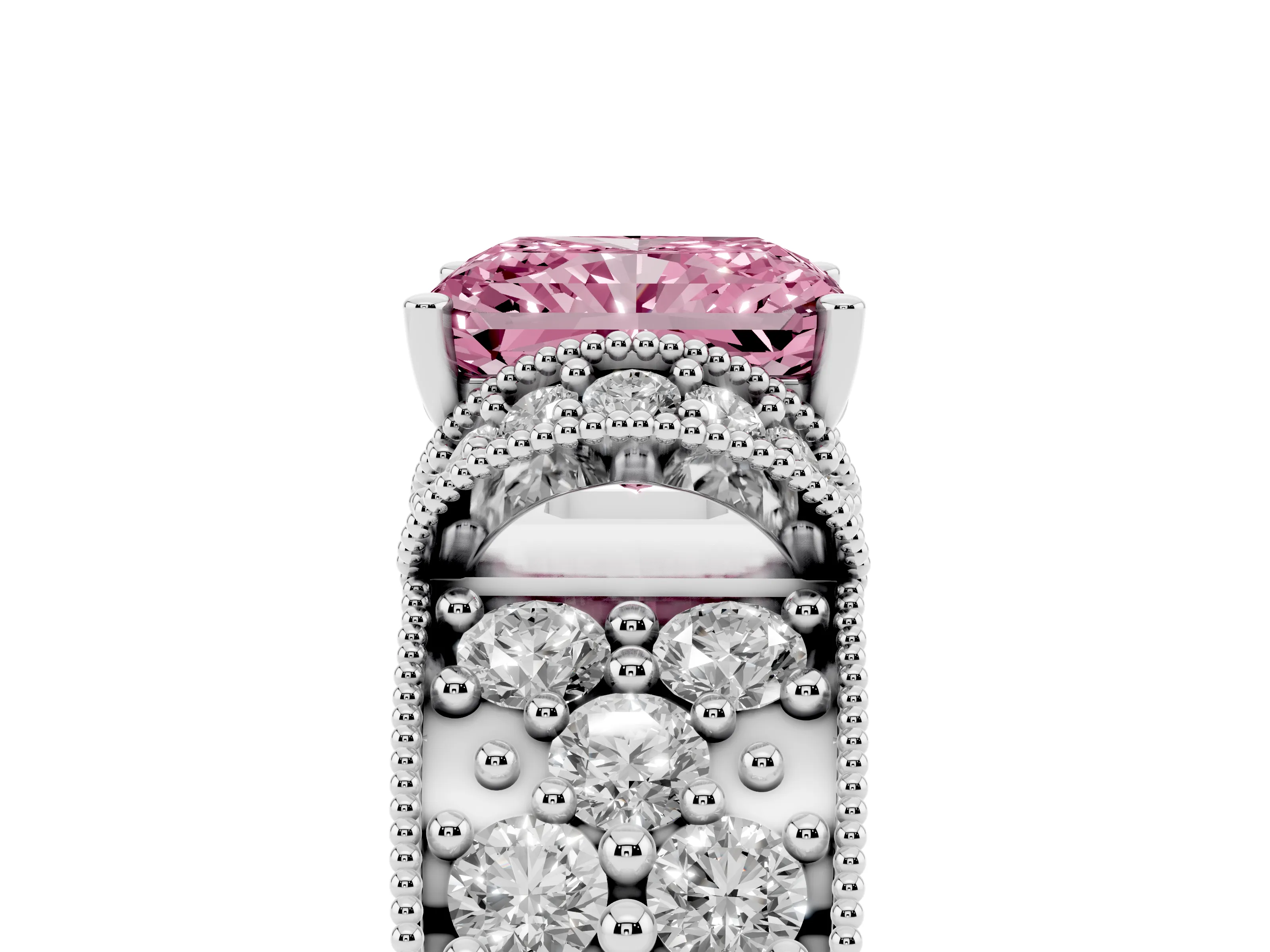 Fancy Pink Radiant Cut Diamond Milgrain Halo Pavé Engagement Ring Set in White gold with Prong Setting