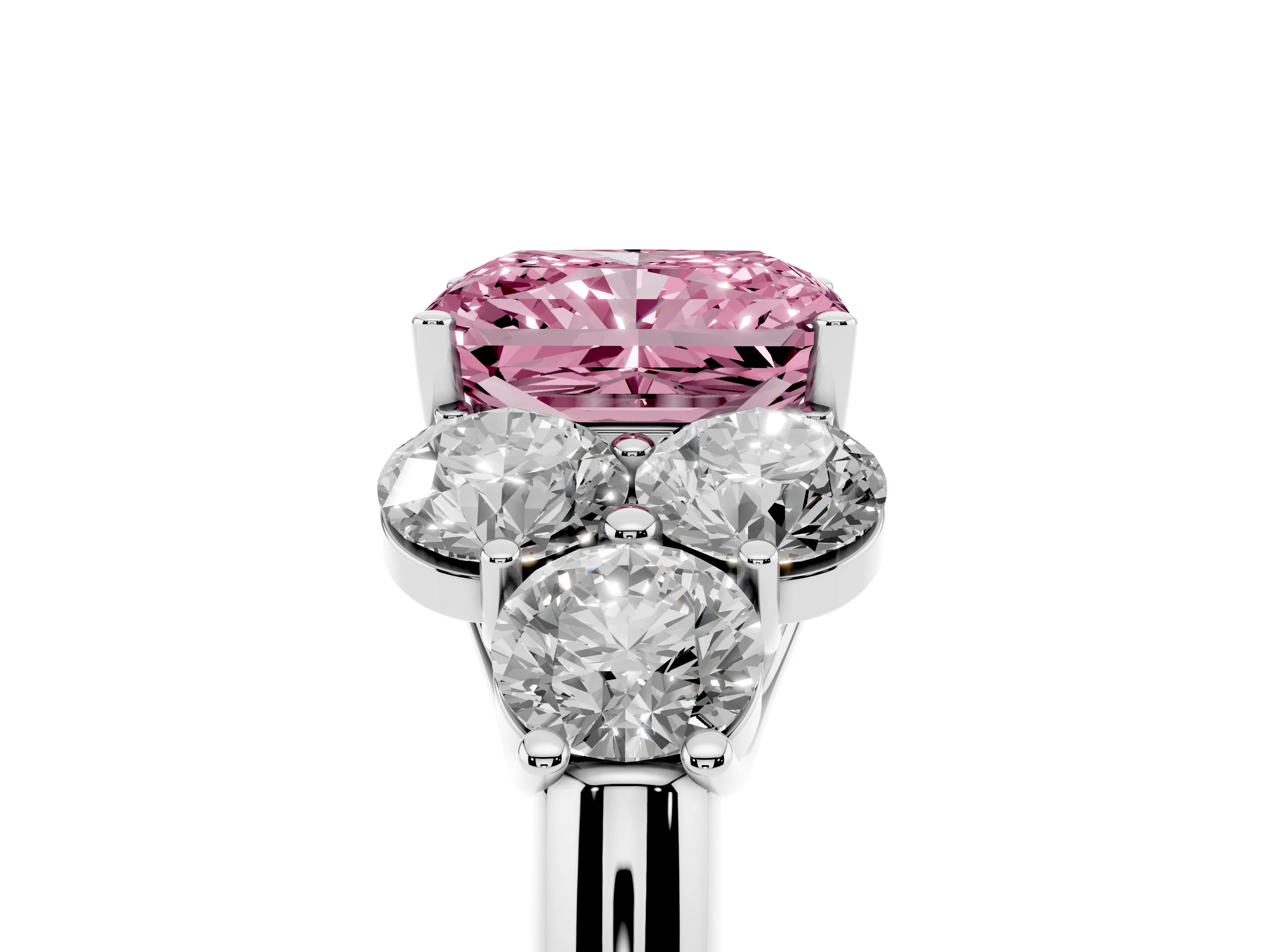 Fancy Pink Radiant Cut Diamond Cluster Ring Set in Silver with Round Accent Stones and Prong Setting on a Plain Band
