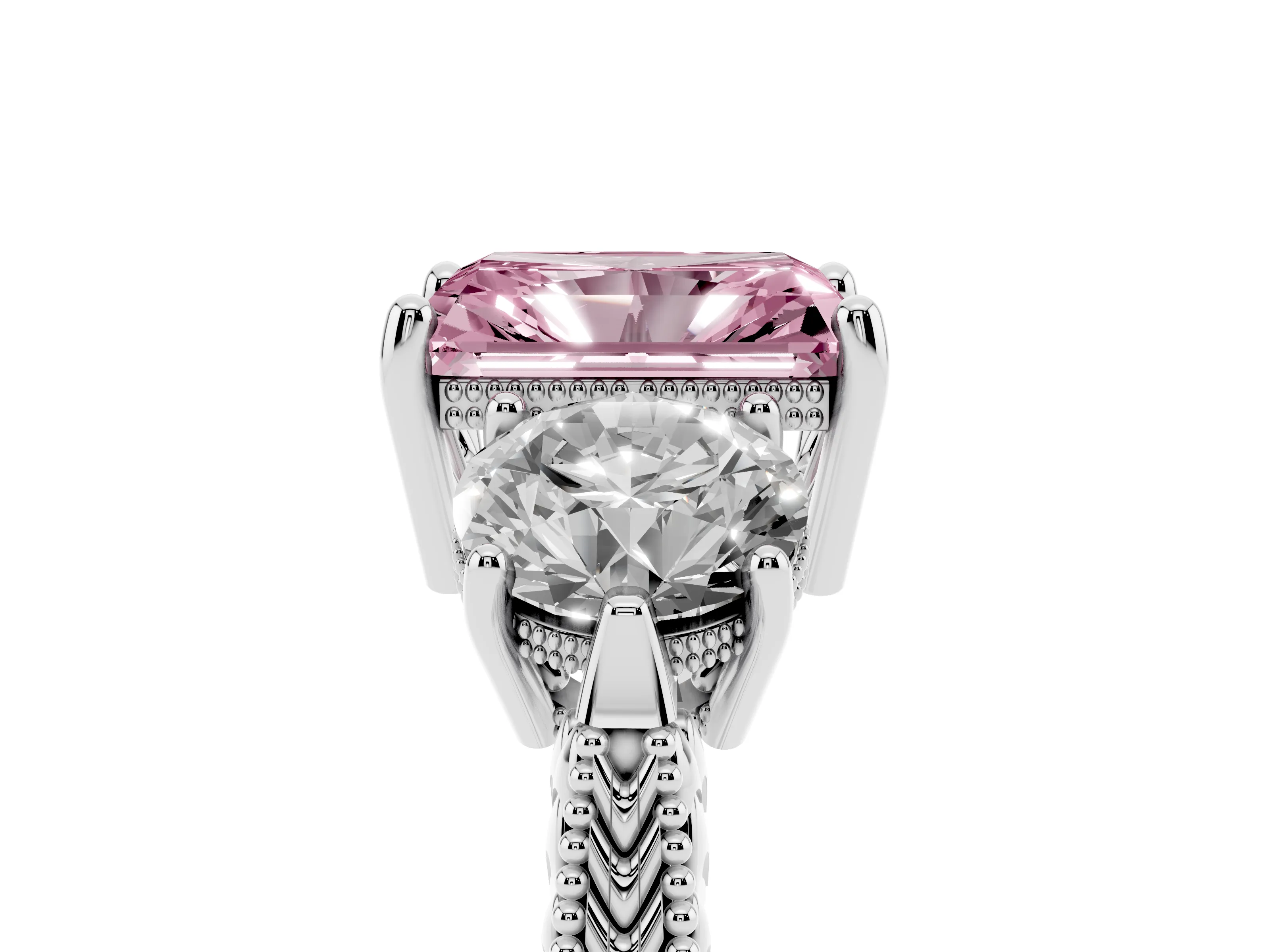 Fancy Pink Radiant Cut Diamond Three-Stone Ring Set in Silver with Milgrain Band