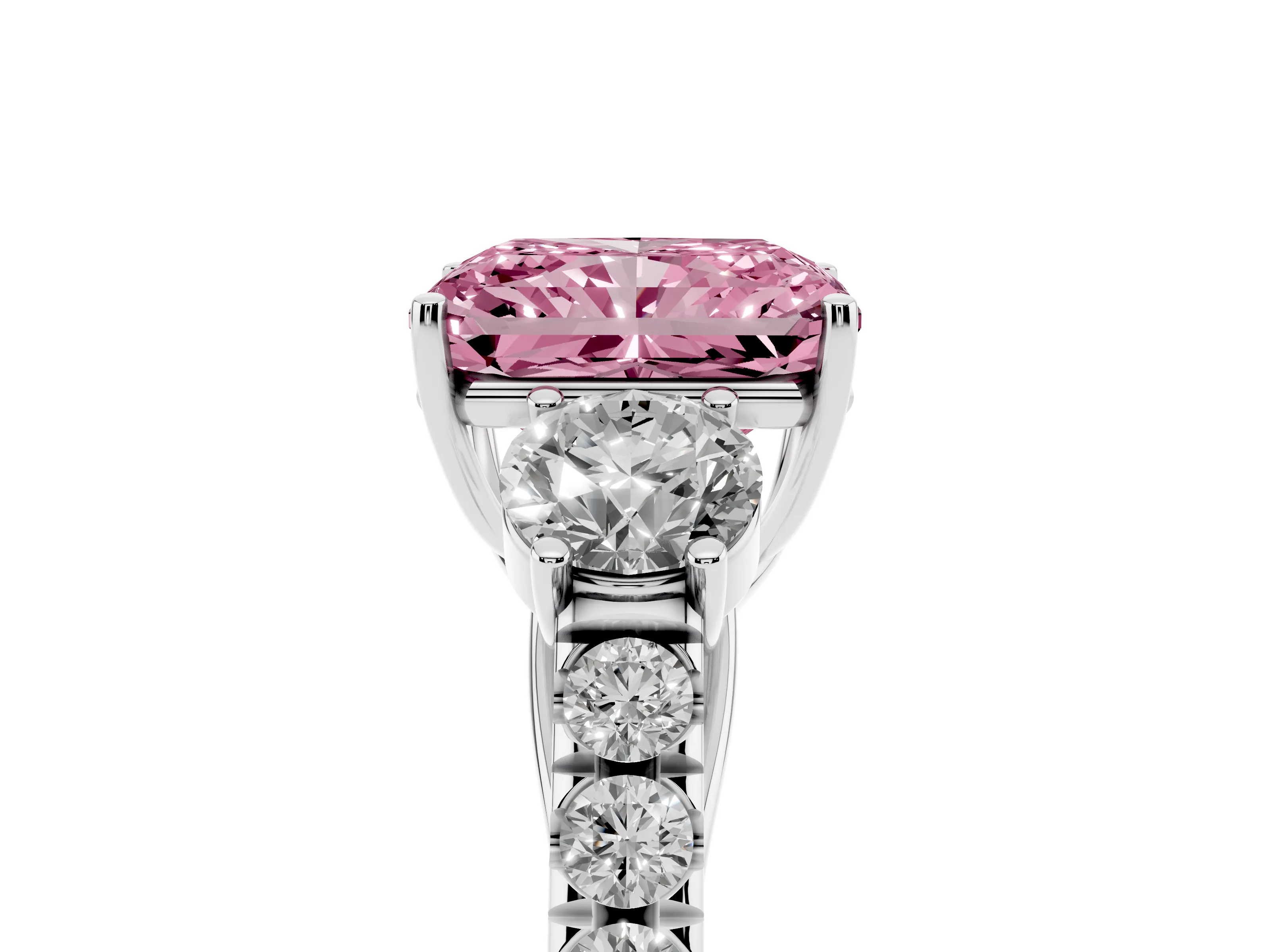 Fancy Pink Radiant Cut Diamond Three-Stone Ring Set in Silver with Round Side Stones and Delicate Pavé Band