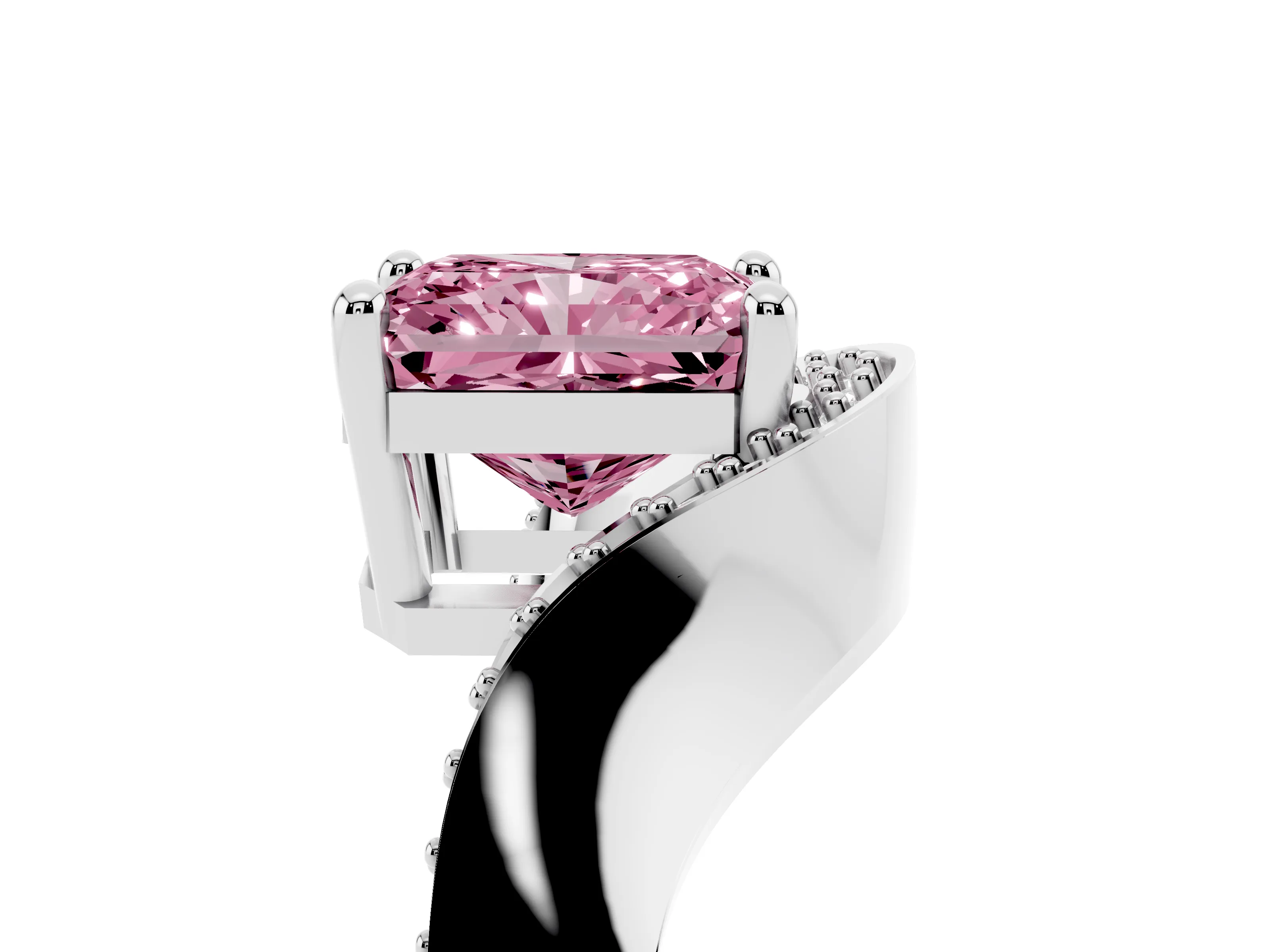 Fancy Pink Radiant Cut Diamond Solitaire Engagement Ring Set in Silver with Pavé Shoulders