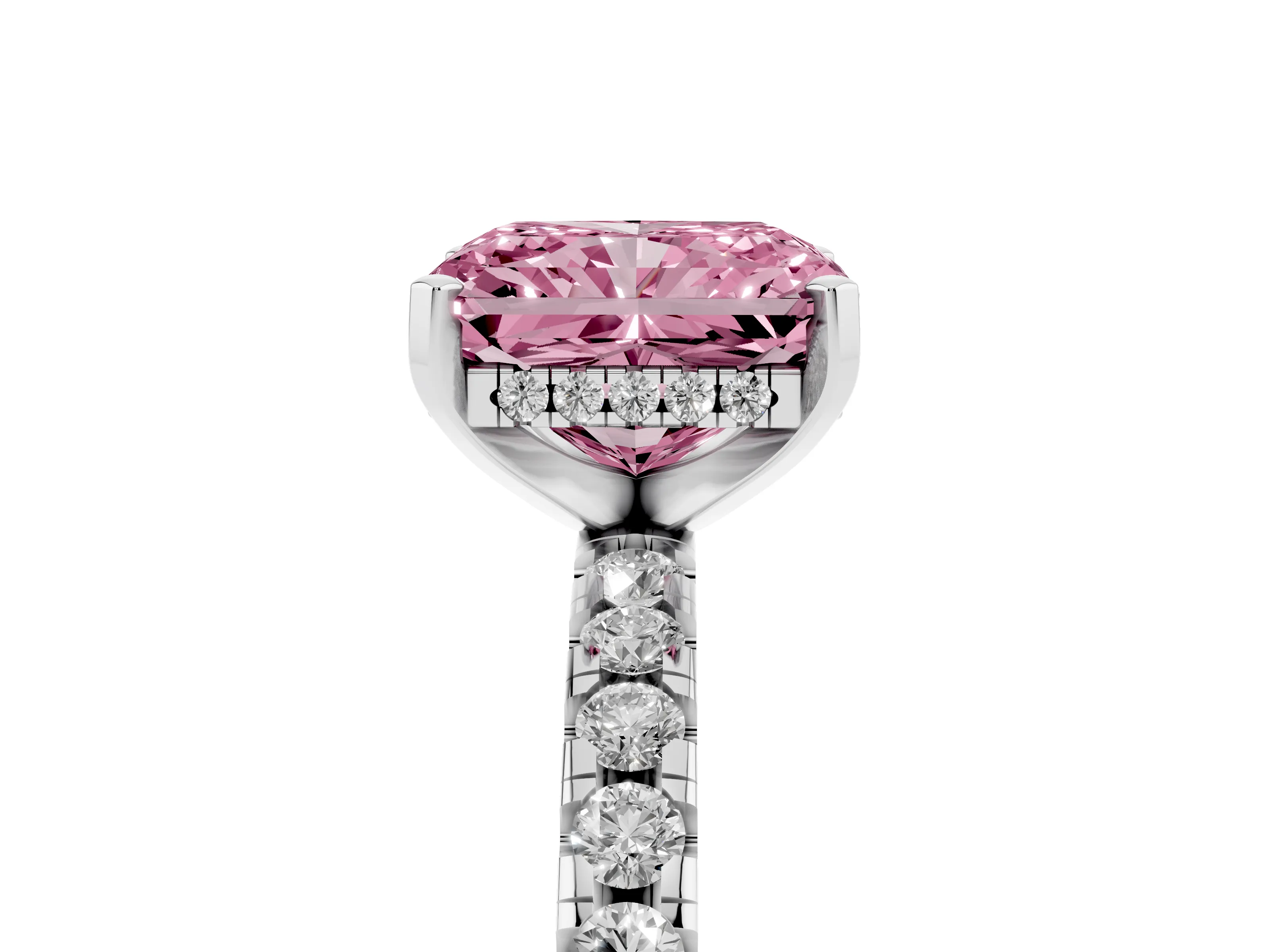 Fancy Pink Radiant Cut Diamond Pavé Solitaire Ring Set in White gold with Round Band Accents and Prong Setting