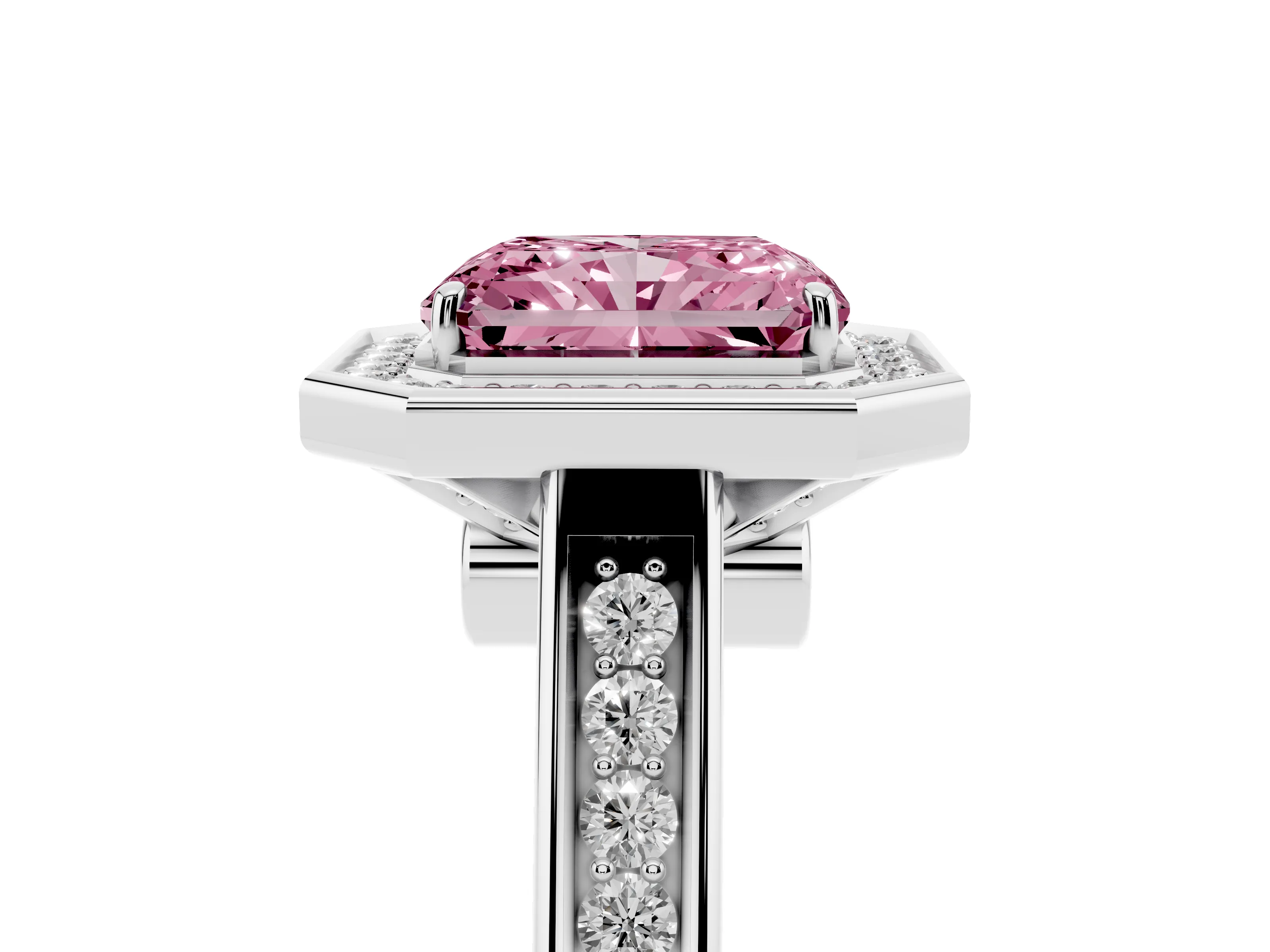 Fancy Pink Radiant Cut Diamond Halo Solitaire Ring Set in White gold with Pavé Band and Bezel Setting