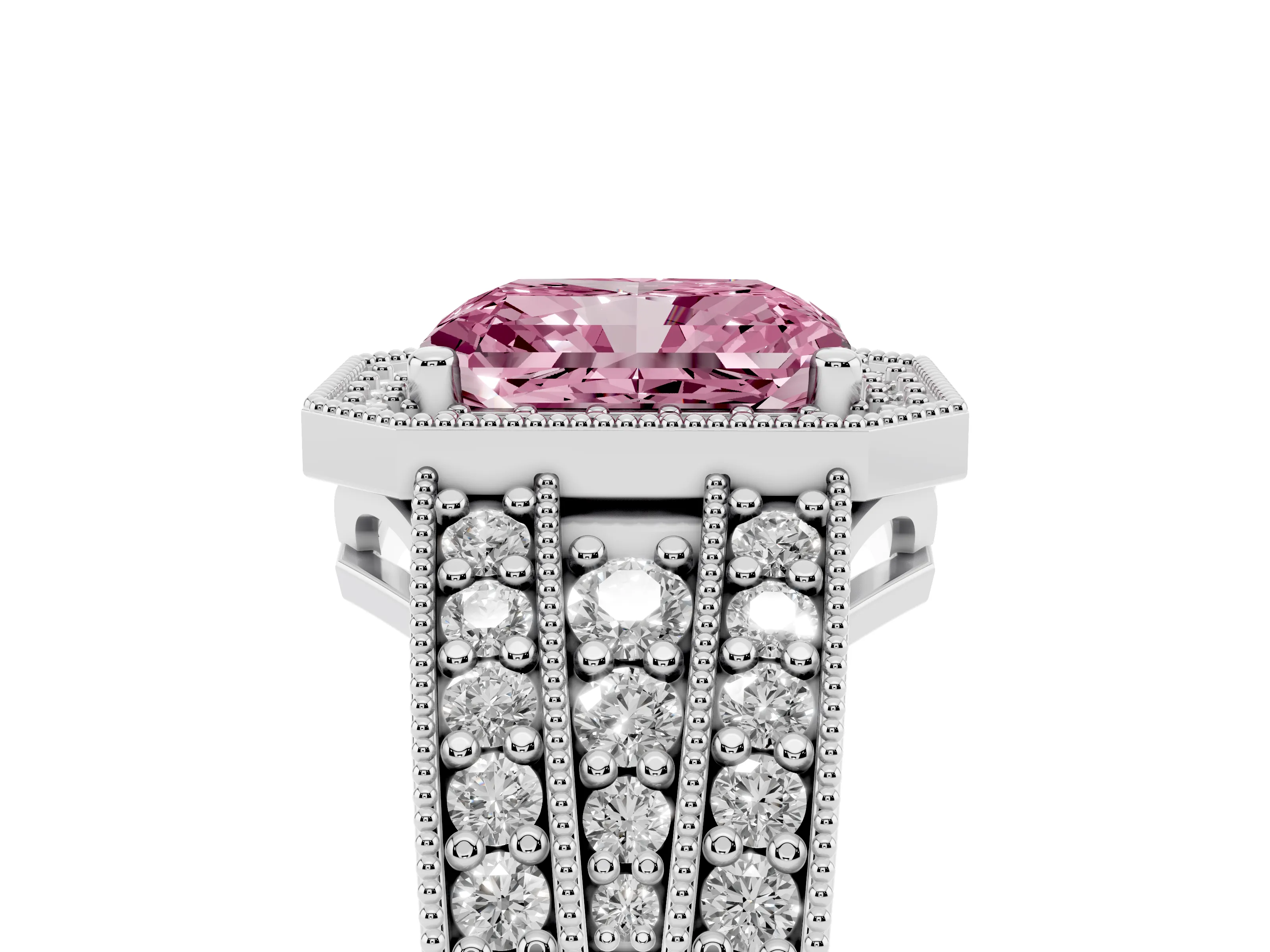 Fancy Pink Radiant Cut Diamond Halo Ring Set in Platinum with Accent Split Shank and Prong Setting