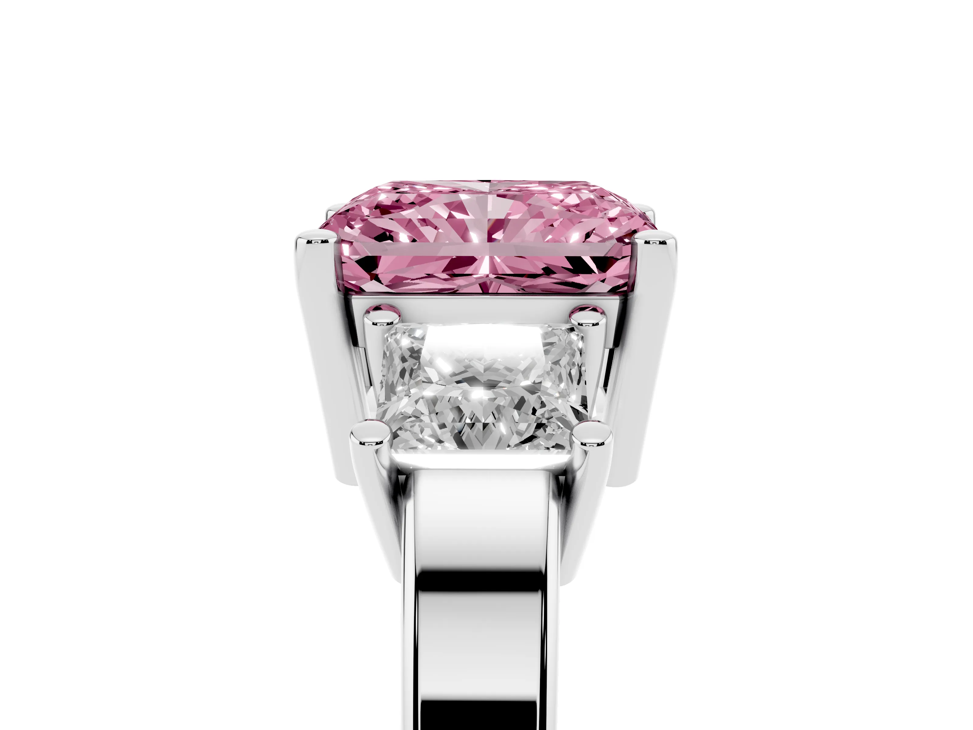Fancy Pink Three-Stone Radiant Cut Diamond Solitaire Ring Set in Platinum with Prong Setting