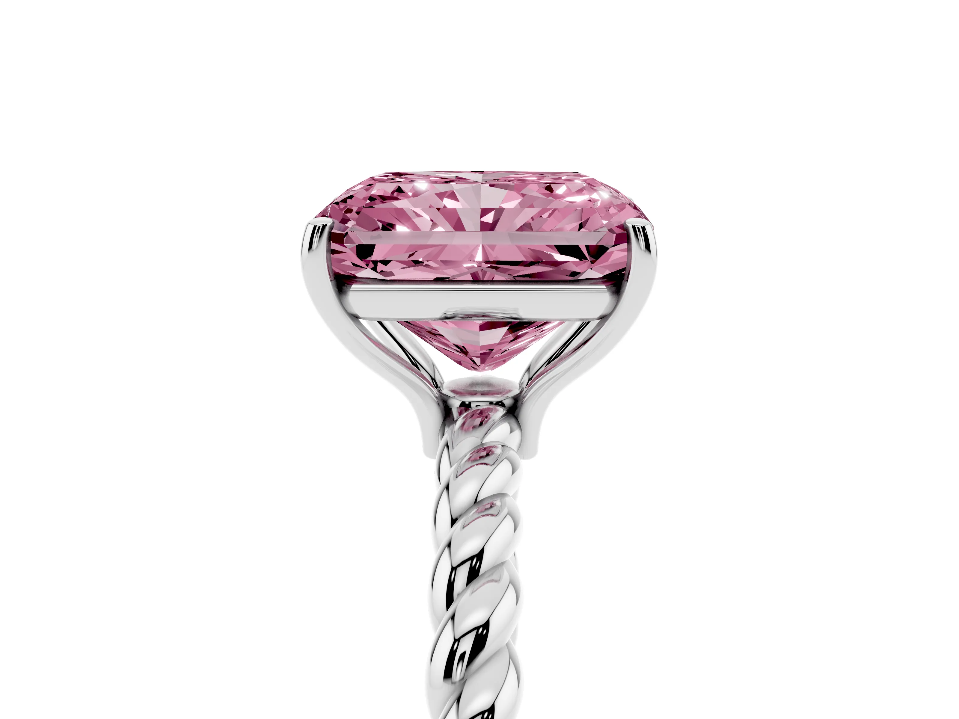 Fancy Pink Radiant Cut Diamond Solitaire Ring Set in White gold with Twist Band and Prong Setting