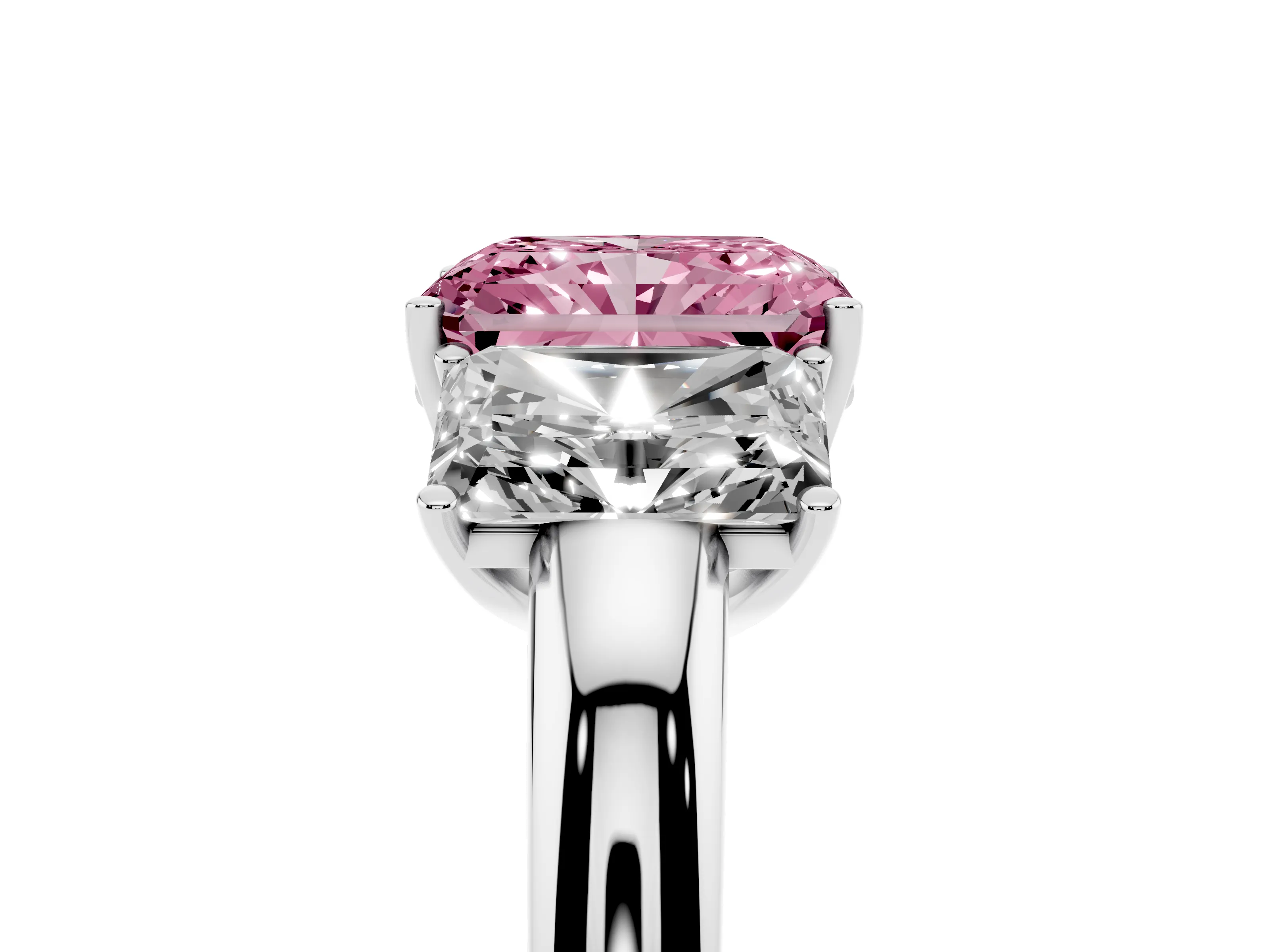 Fancy Pink Radiant Cut Diamond Three-Stone Ring Set in Platinum with Bold Center and Classic Band