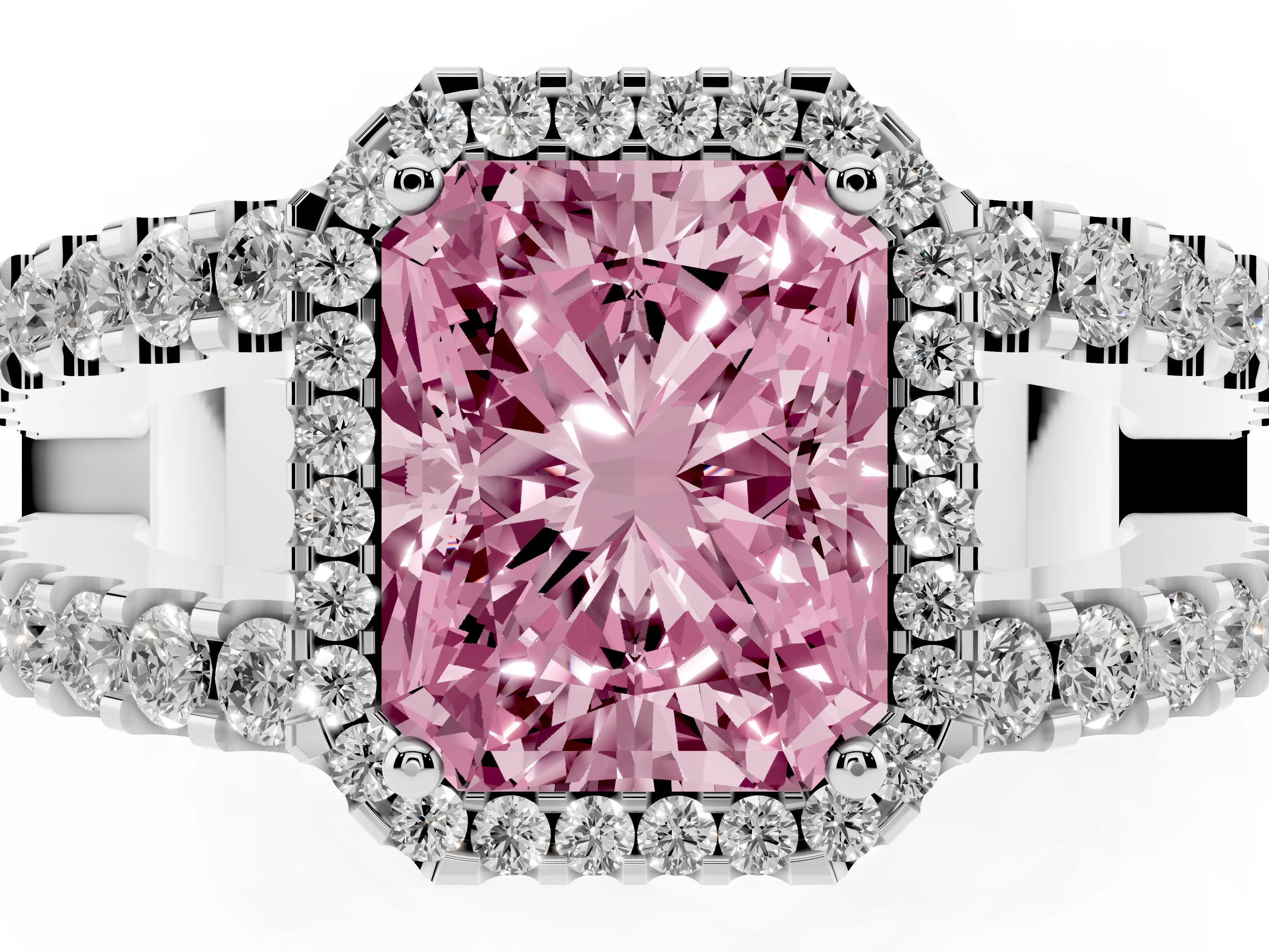 Fancy Pink Radiant Cut Diamond Halo Ring Set in Silver with Pavé Split Shank and Prong Setting