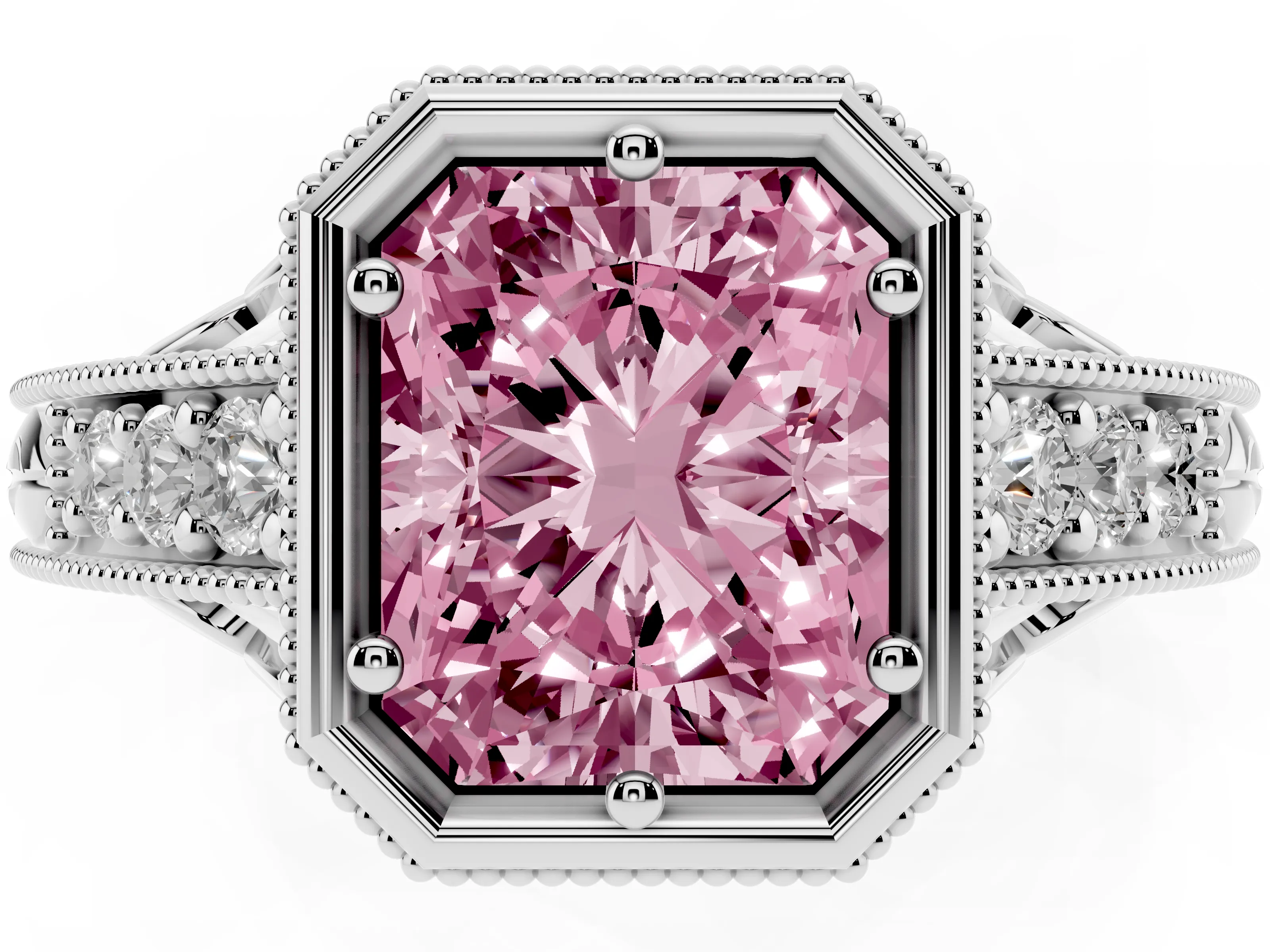 Fancy Pink Bezel Set Radiant Cut Diamond Milgrain Pavé Engagement Ring Set in Silver
