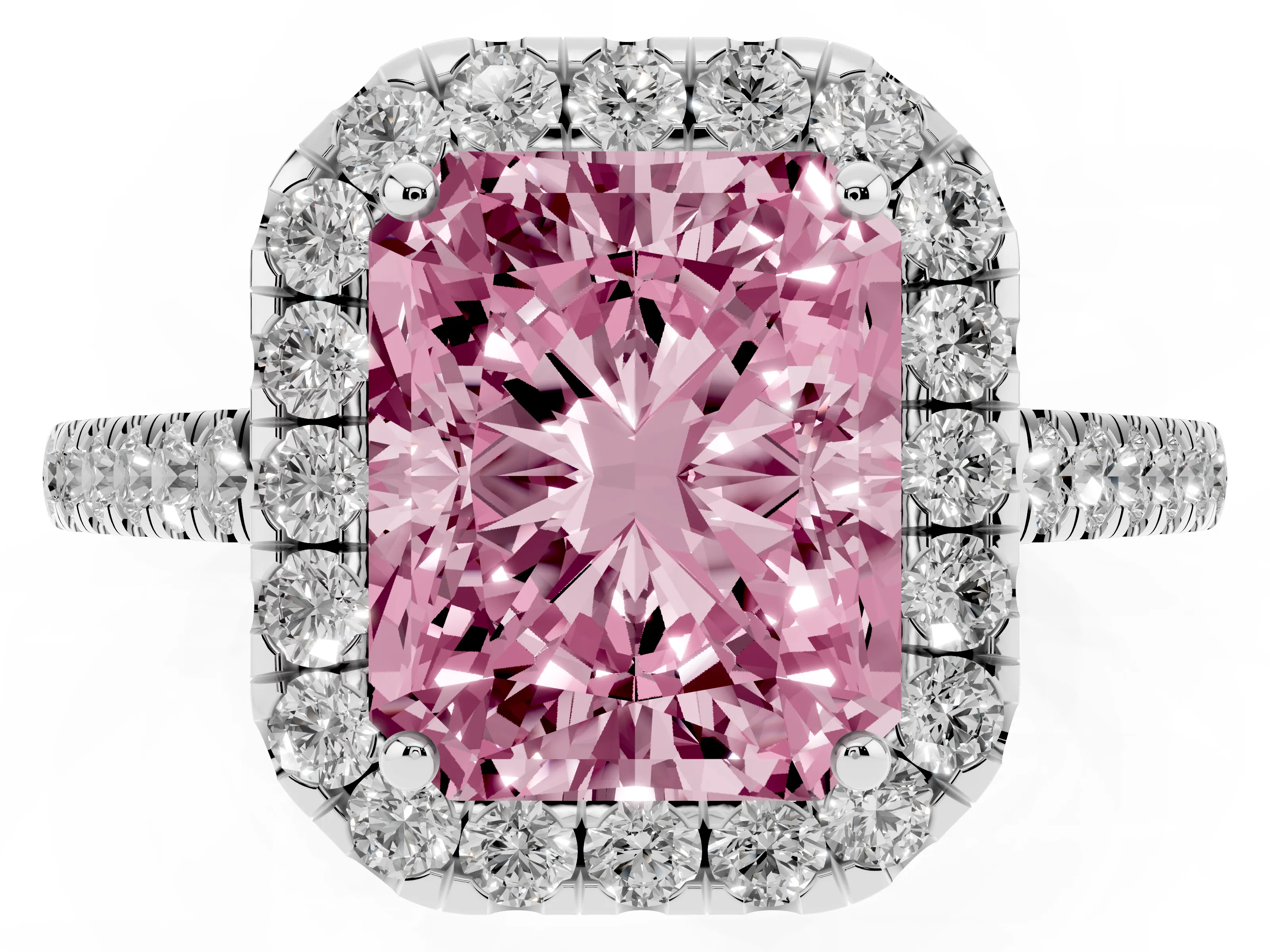 Fancy Pink Radiant Cut Diamond Halo Pavé Engagement Ring Set in Silver with Prong Setting