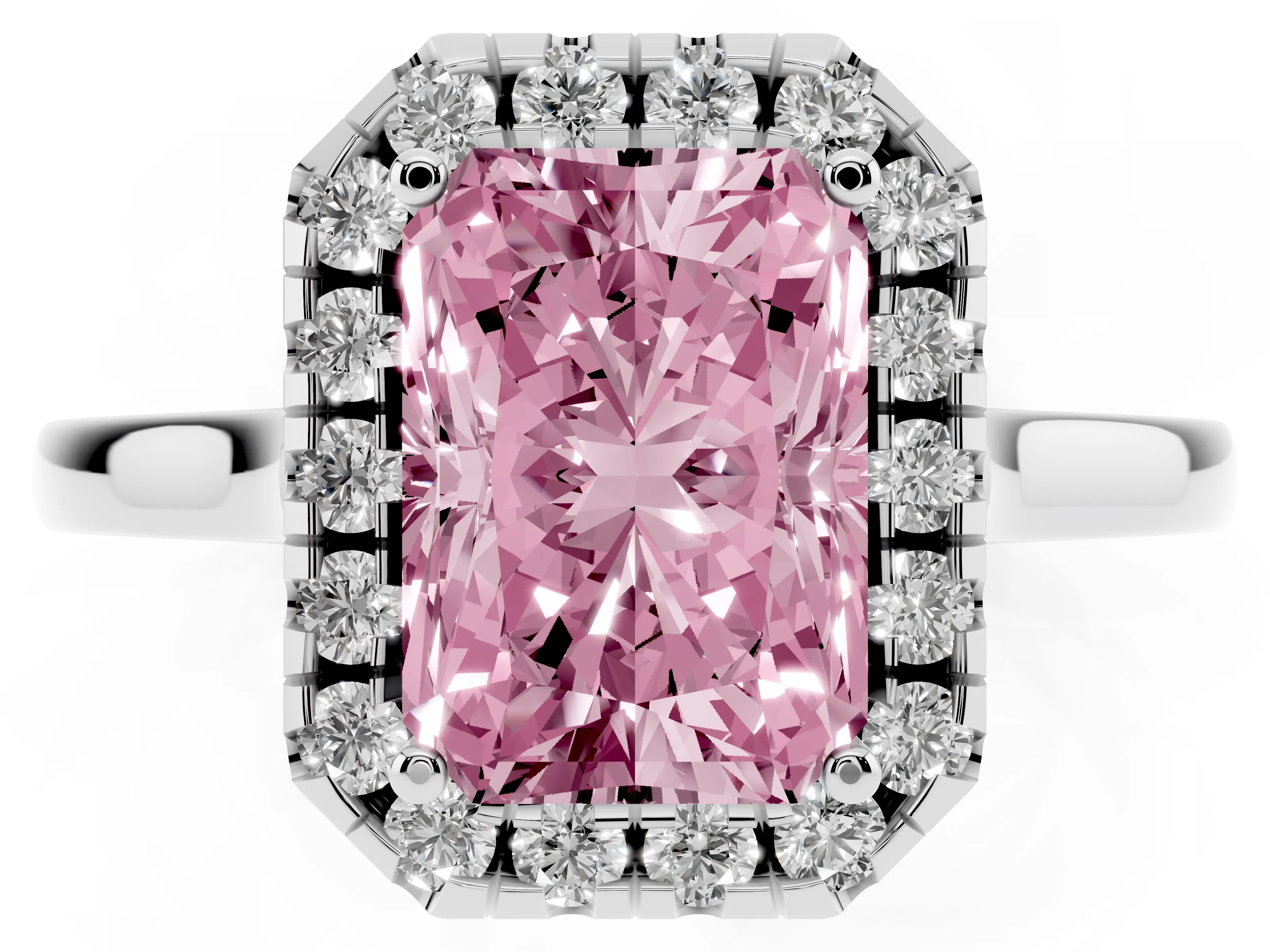 Fancy Pink Radiant Cut Halo Round Diamond Solitaire Ring Set in White gold with Pavé Band and Prong Setting