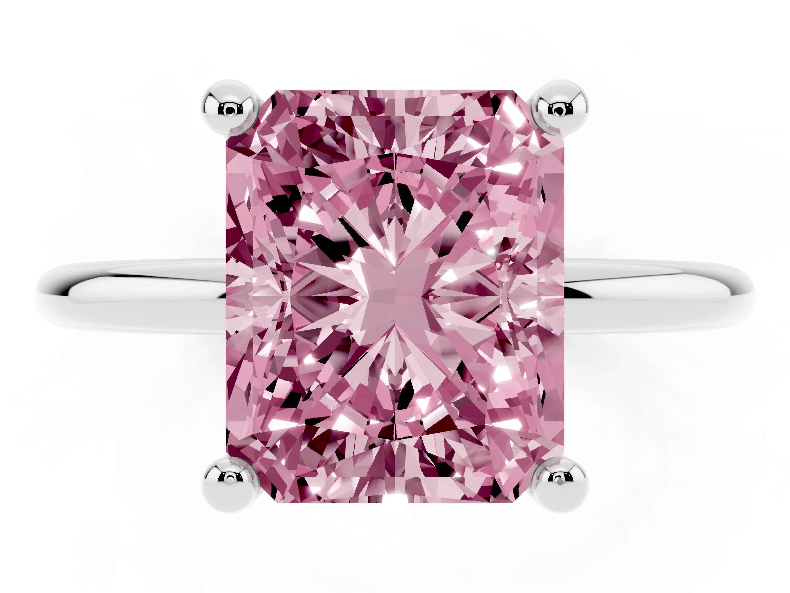 Fancy Pink Radiant Cut Diamond Solitaire Ring Set in White gold with Secure Prong Setting on a Classic Band