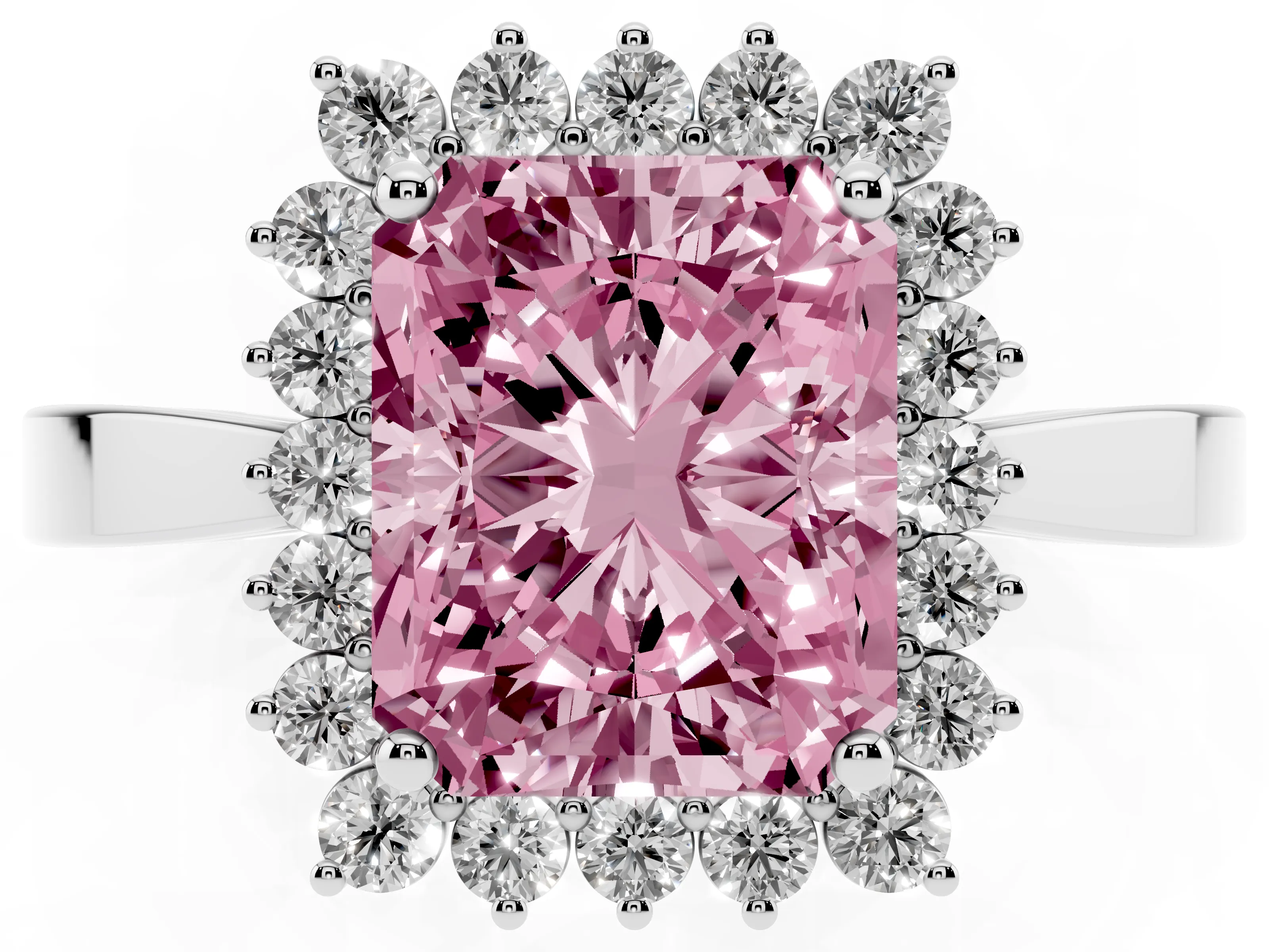 Fancy Pink Radiant Cut Diamond Halo Ring Set in White gold with Round Halo and Smooth Solitaire Band