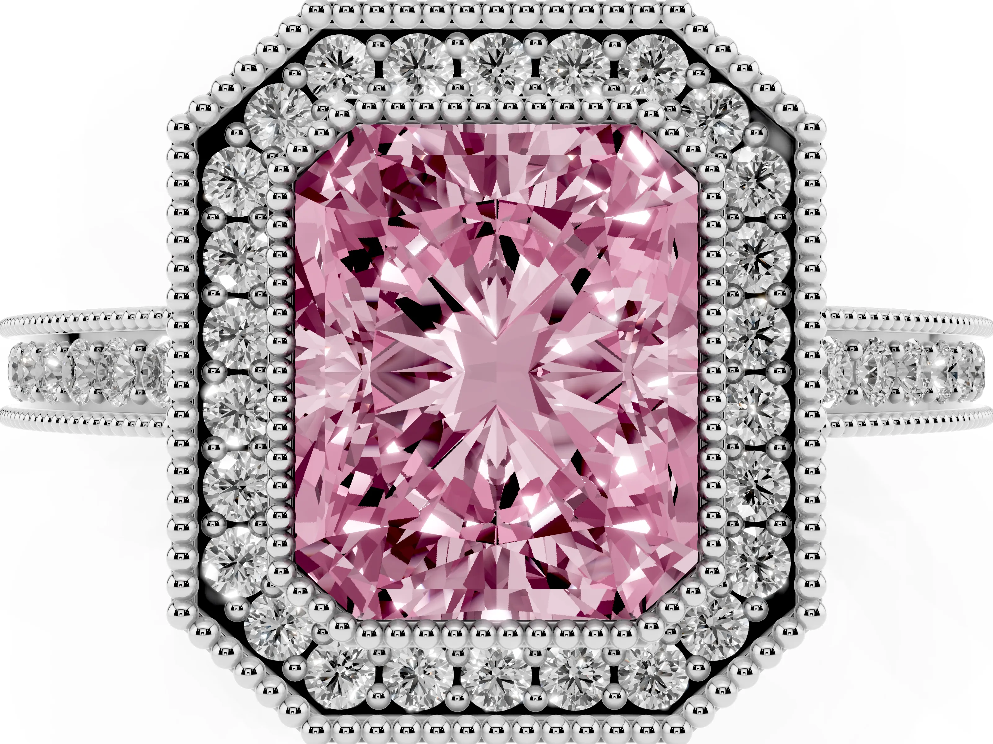 Fancy Pink Radiant Cut Diamond Halo Ring Set in White gold with Pavé Band and Milgrain-Edged Prongs