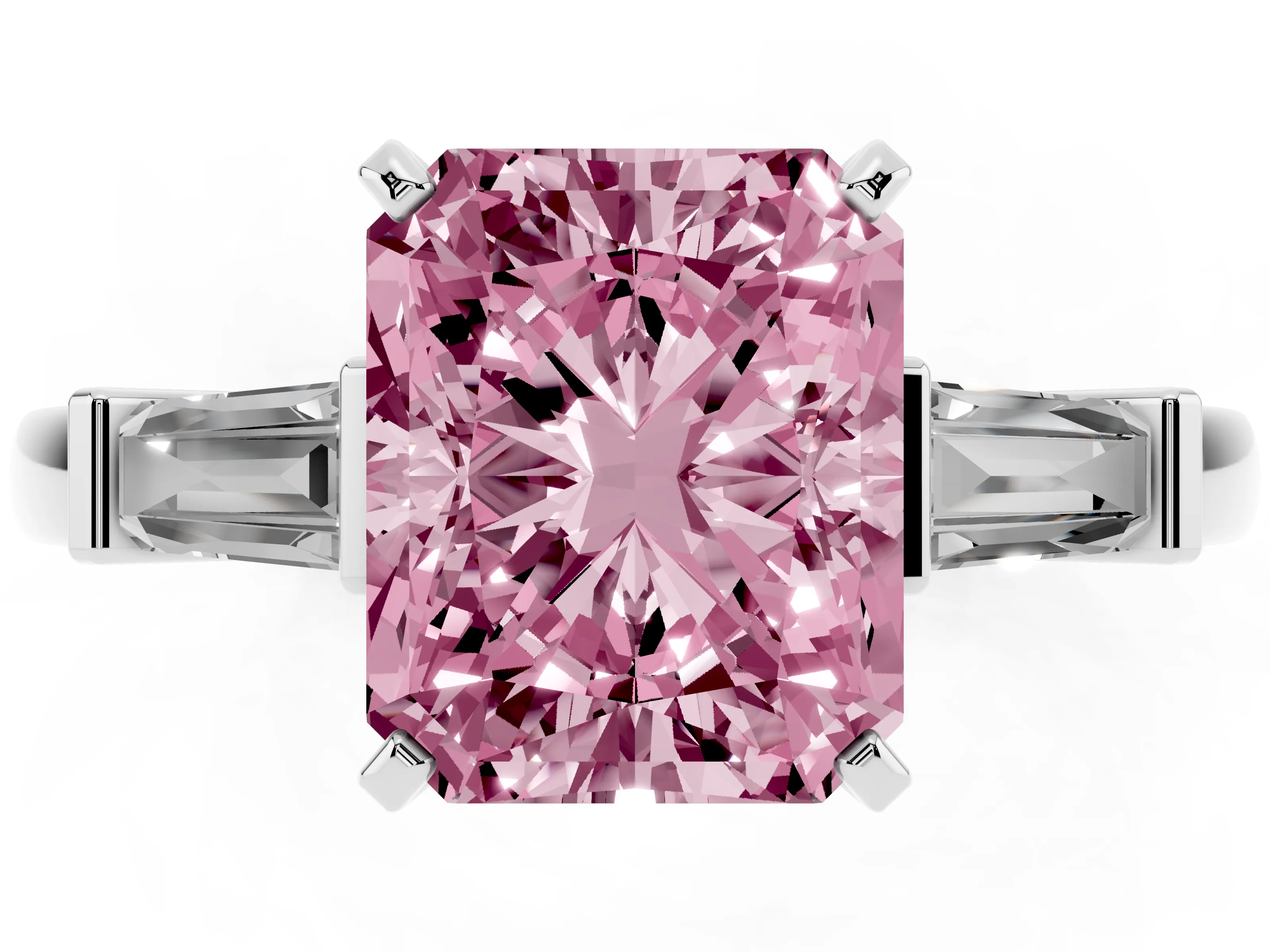 Fancy Pink Radiant Cut Diamond Solitaire Ring Set in Platinum with Tapered Baguette Accents and Prong Setting