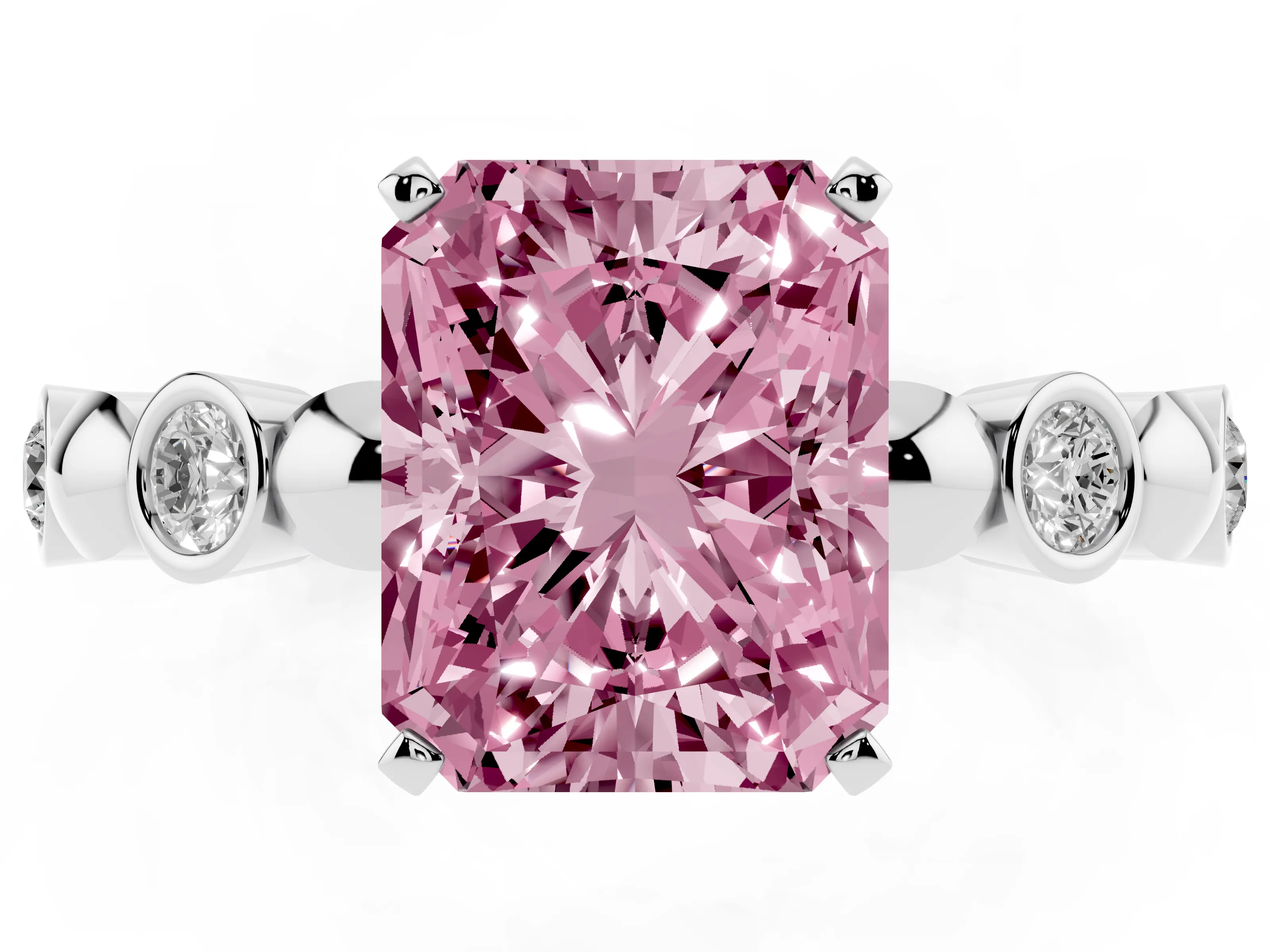 Fancy Pink Radiant Cut Diamond Solitaire Ring Set in Silver with Bezel-Set Accents on Beaded Band and Prong Setting