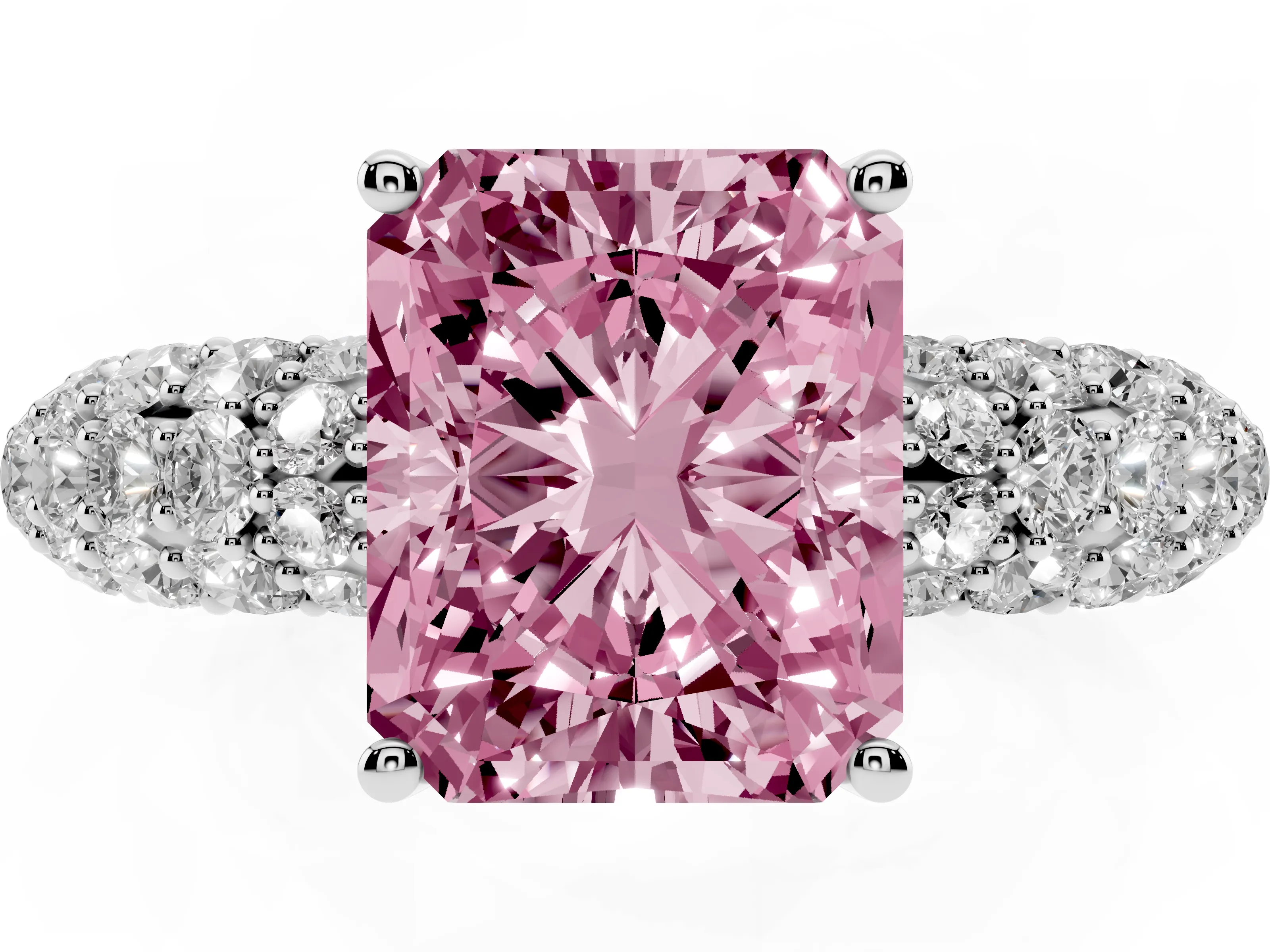 Fancy Pink Radiant Cut Diamond Pavé Band Solitaire Ring Set in Platinum with Close-Set Accent Stones and Prong Setting